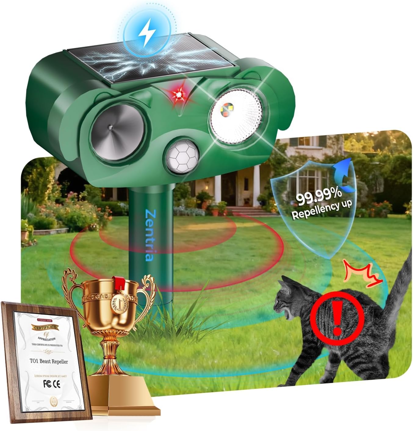 Detalle de Zentria 2026 Upgraded Cat Deterrents for Gardens UK – Dual Ultrasonic & Infrared, Solar Powered