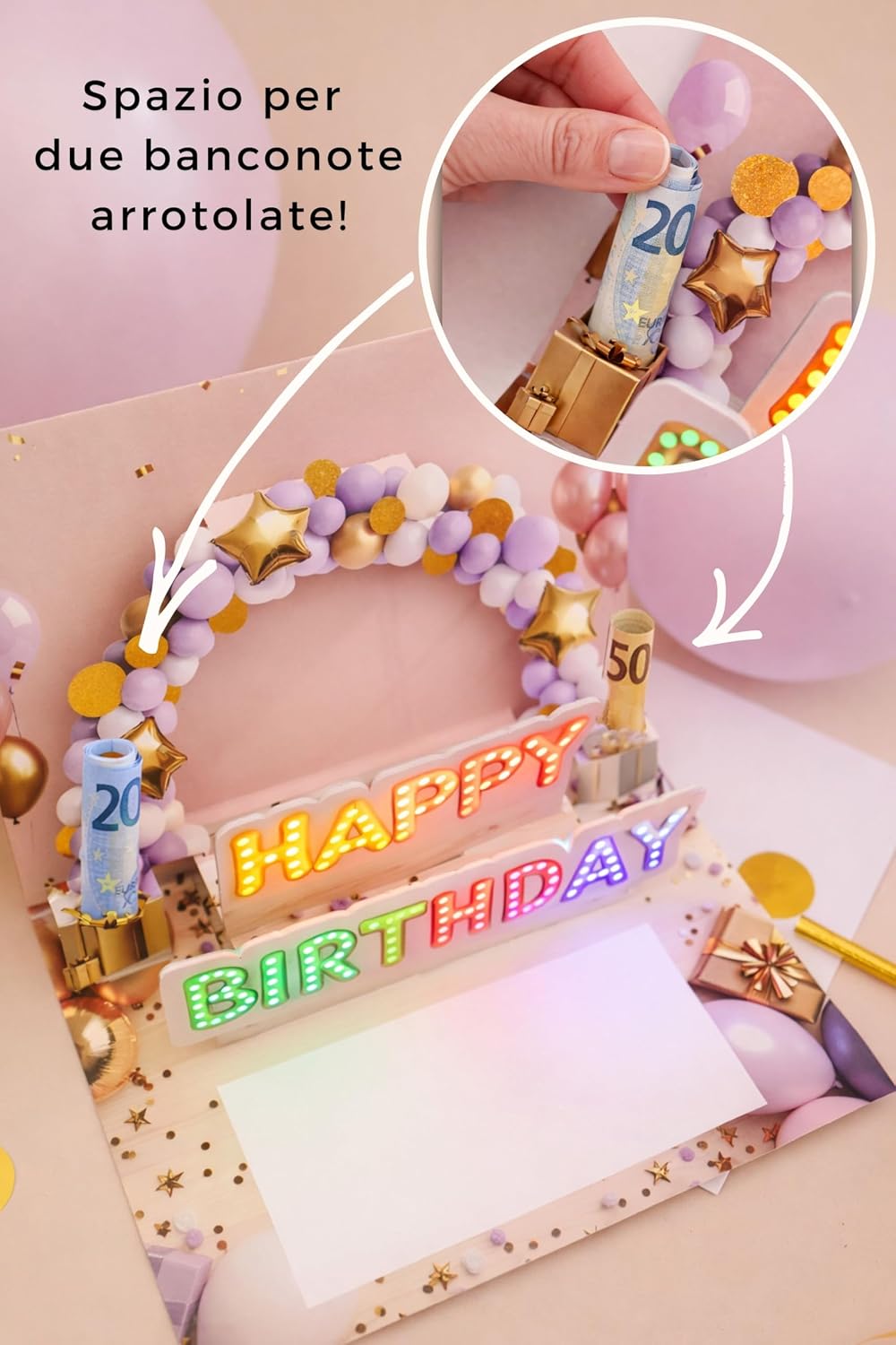 Detalle de Joli Coon Biglietto auguri compleanno con musica e luce – biglietto pop-up 3D per donna, busta e sigillo