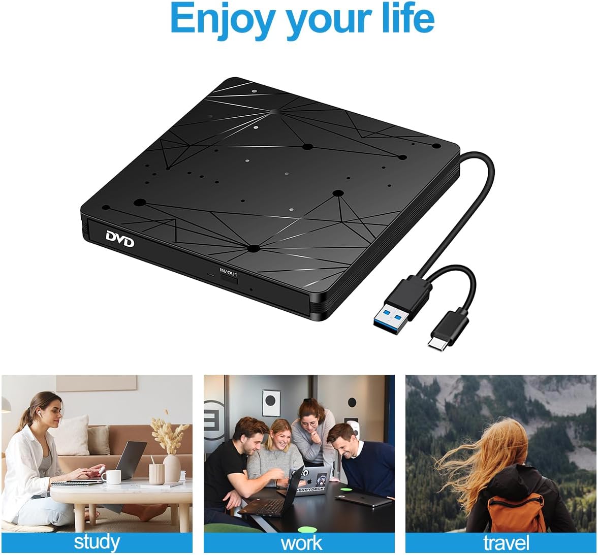 Detalle 2 de LMEN Externes CD/DVD-Laufwerk USB 3.0 – Tragbares CD-ROM/DVD-Laufwerk für Laptop & PC