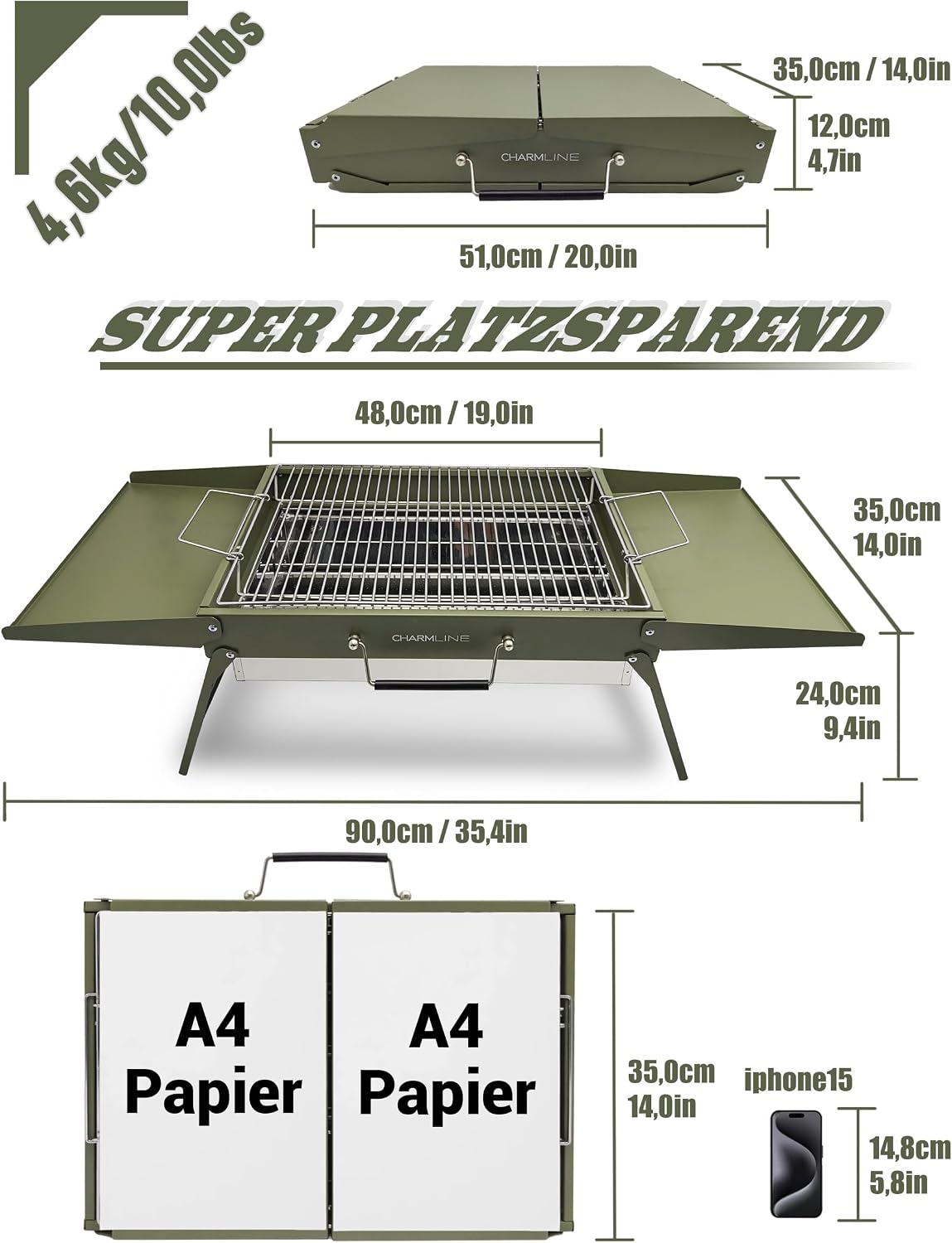 Detalle de Charmline Tragbarer Holzkohlegrill – Klappbar, 51 × 35 cm, Für 3–5 Personen, Grün