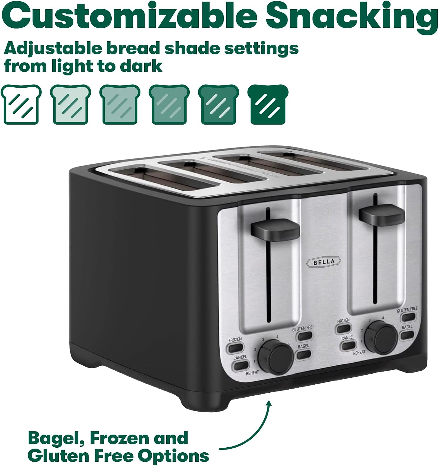 Detalle de bella 4 Slice Toaster with Auto Shut Off, Extra Wide Slots and Removable Crumb Tray