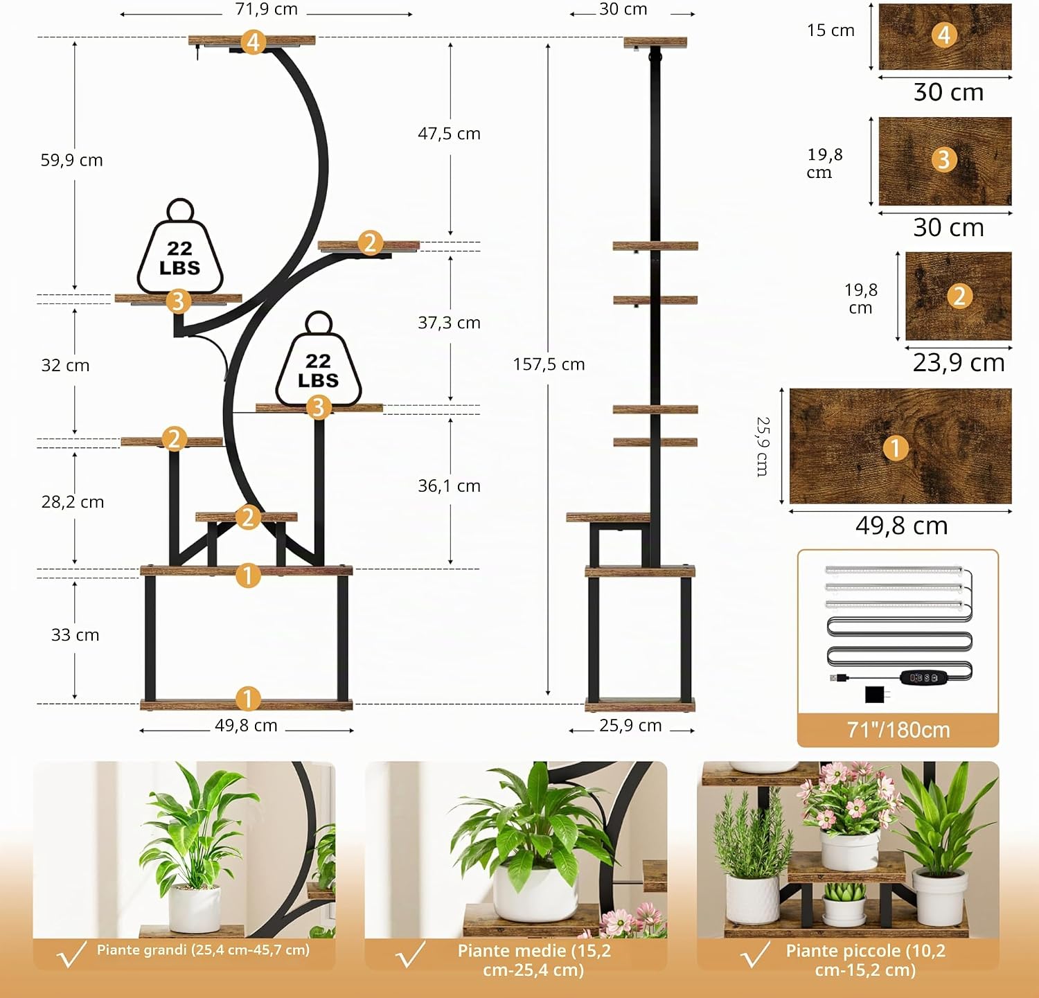 Detalle 2 de BACEKOLL Porta Piante da Interno con luci di crescita, forma a S, altezza 157 cm, 8 livelli