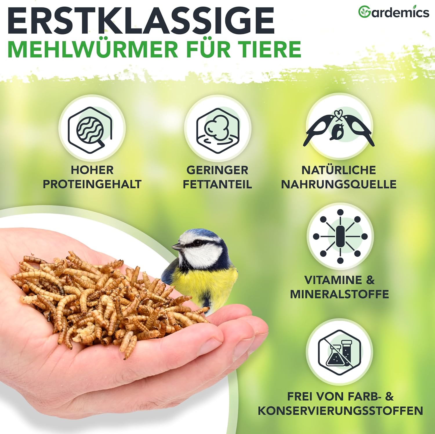 Detalle de Gardemics Mehlwürmer getrocknet 5 Liter – 800 g Premium Insektenfutter für Vögel, Fische, Schildkröten und mehr