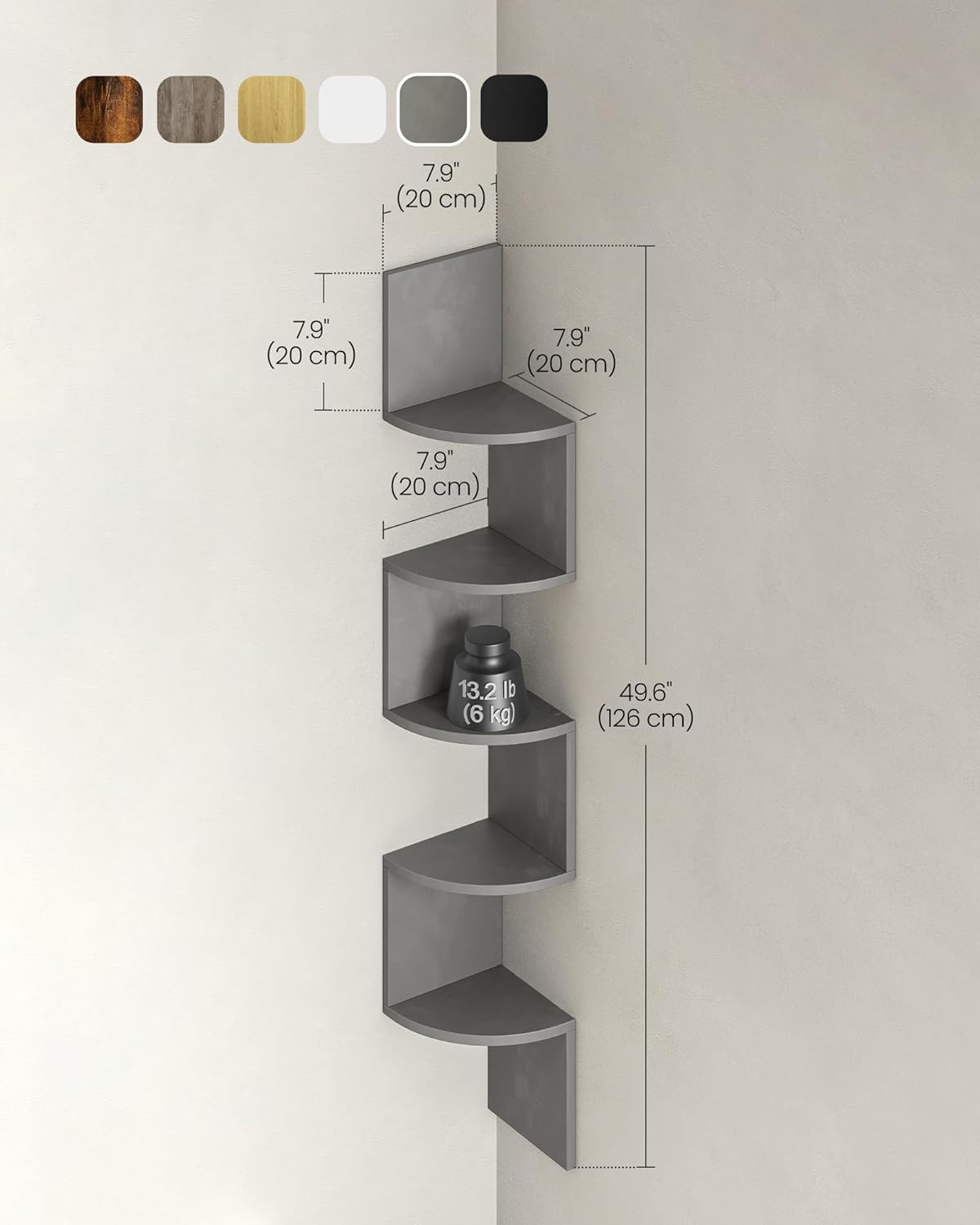 Detalle de VASAGLE Corner Wall Shelf 5-Tier Storage Shelf in Dove Grey