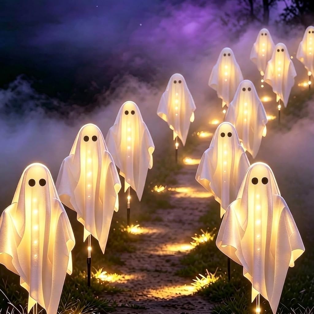Detalle de Albelt Solar Light Outdoor Ghost Halloween Lights, 3-Pack, Warm White, 8 Modes