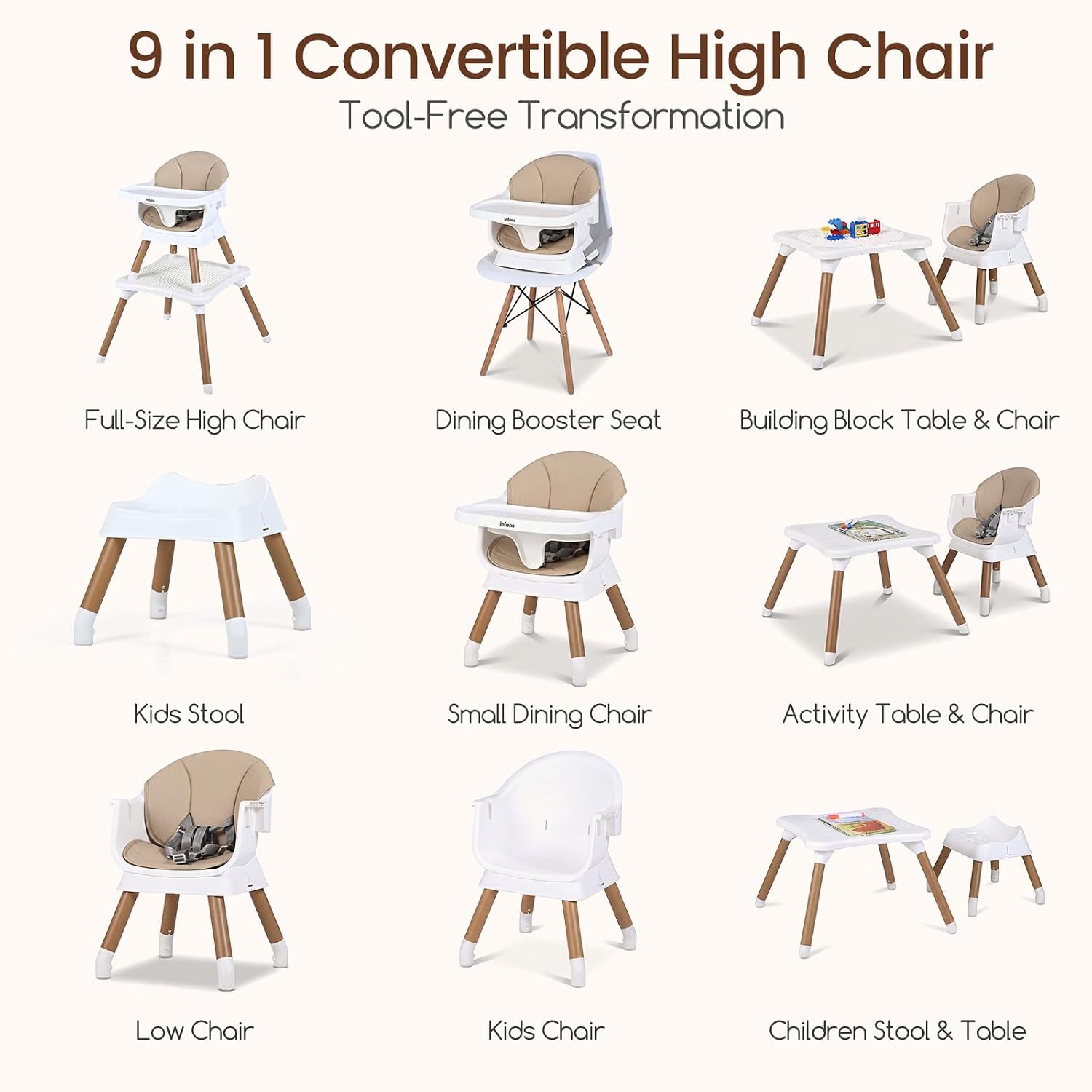 Thumbnail 2 de INFANS 9-in-1 Convertible High Chair with Adjustable Tray, Beige
