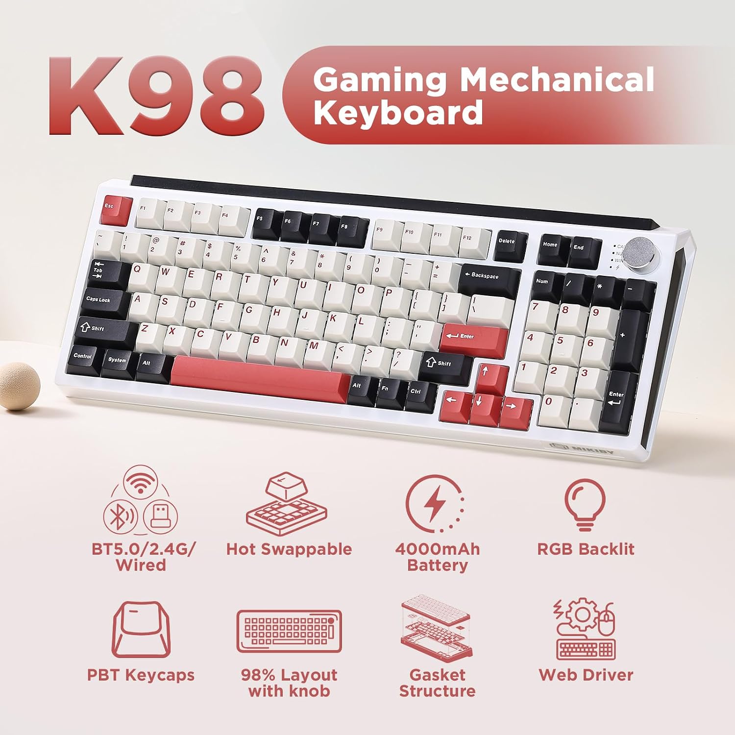 Detalle de MIKIBY K98 Wireless Mechanical Keyboard, 96% Layout, Tri-Mode, Hot-Swappable RGB
