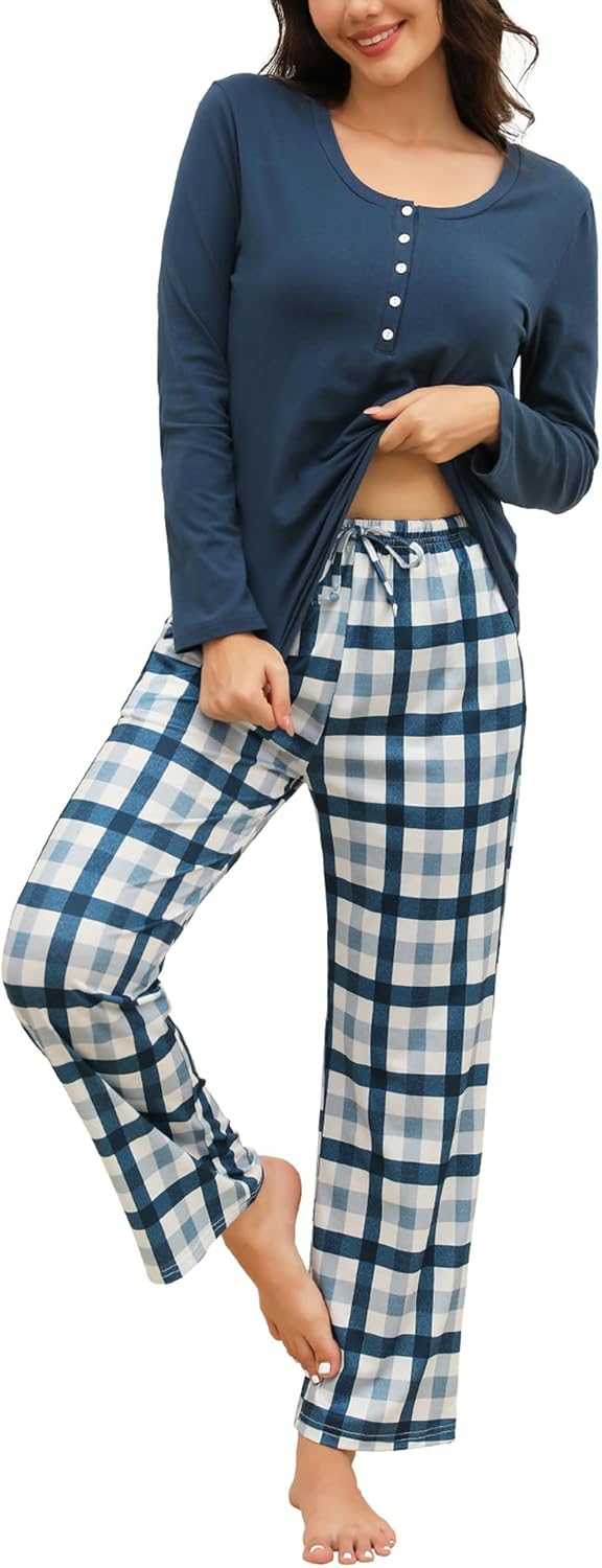 Thumbnail 6 de TeJoyce Women’s Soft Cotton Pyjama Sets – Long Sleeve Top & Checked Pants with Pockets