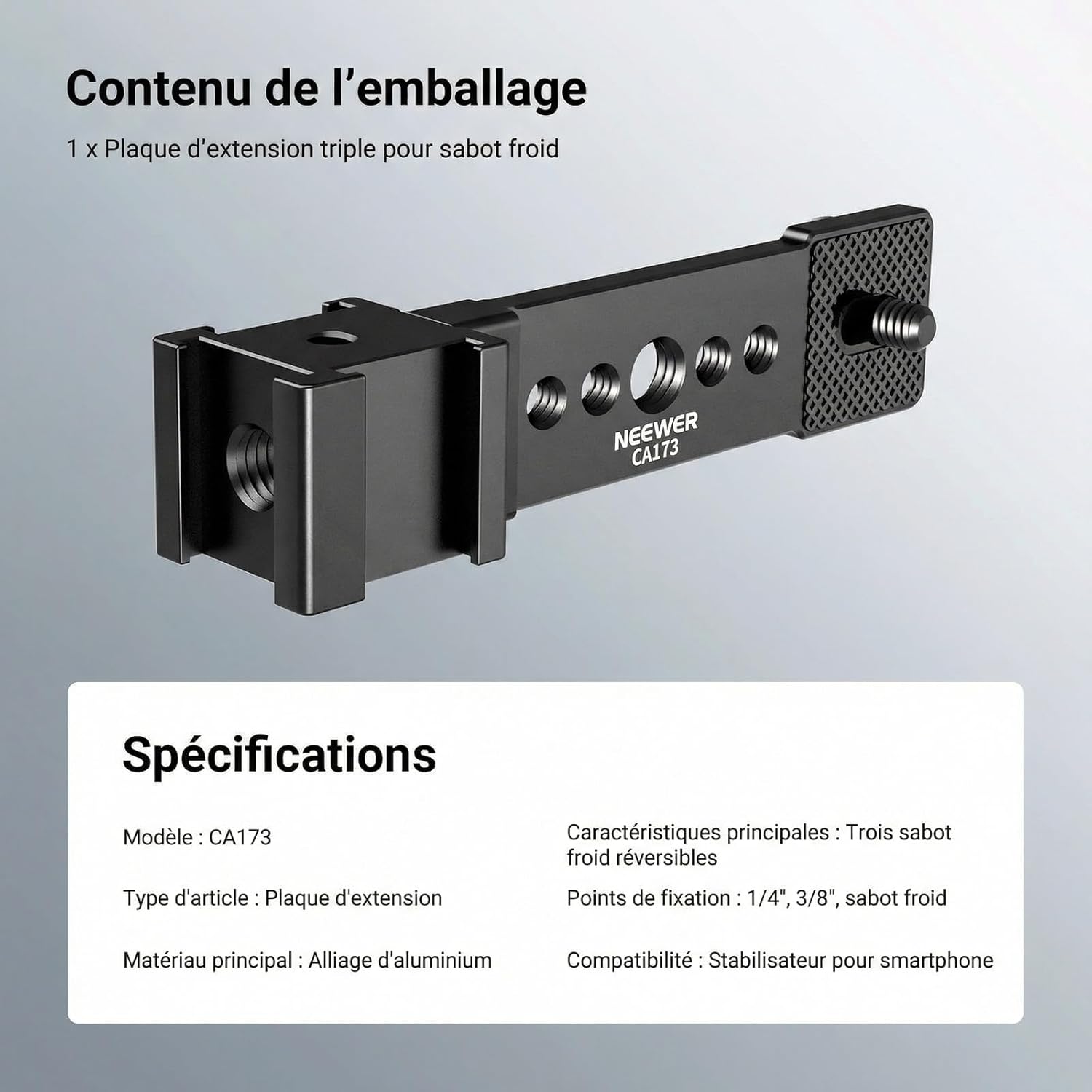 Thumbnail 6 de NEEWER Plaque de fixation triple à griffe flash avec LED et extension métallique (CA173) pour stabilisateurs