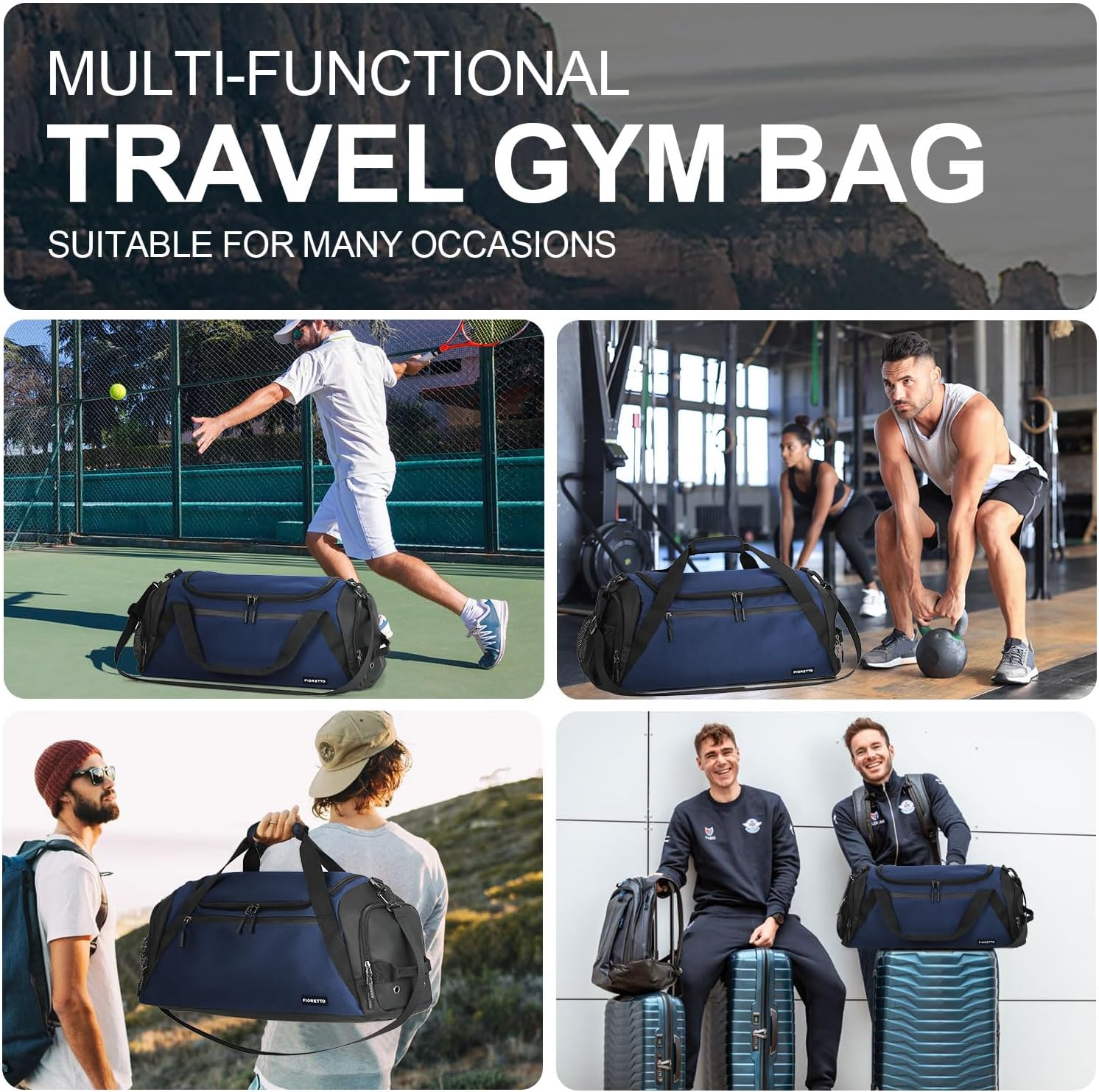 Detalle de FIORETTO Mens Sports Gym Bag with Wet Pocket & Shoe Compartment – a practical travel duffle with flexible carry options