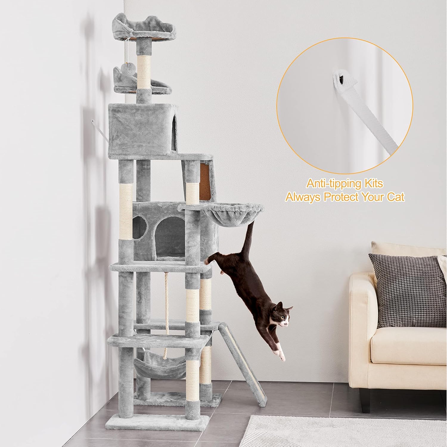 Detalle de Yaheetech Albero Tiragraffi per Gatti 209 cm in Truciolato e Corda in Sisal con Condomini, Amaca e Pisolini Multilivello – Grigio Chiaro