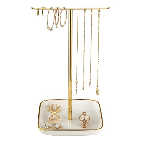 Detalle de Josmimic Jewelry Holder Stand with Ceramic Base – 32cm Tall Tree Display, Gold