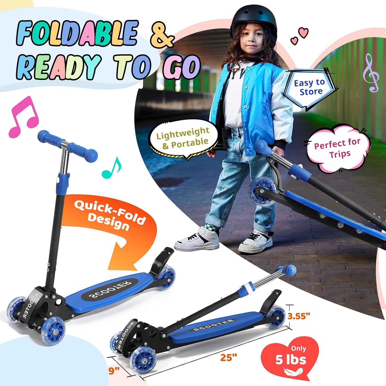 Thumbnail 6 de Kids 3-Wheel Kick Scooter (Ages 3–7) with Light-Up Wheels, Lean-to-Steer, Adjustable Handlebar