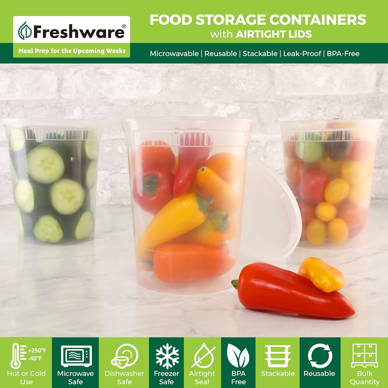 Thumbnail 1 de Freshware 24-Count 32 oz Plastic Deli Containers with Lids - Leakproof, BPA Free, Stackable, Microwave/Dishwasher/Freezer Safe