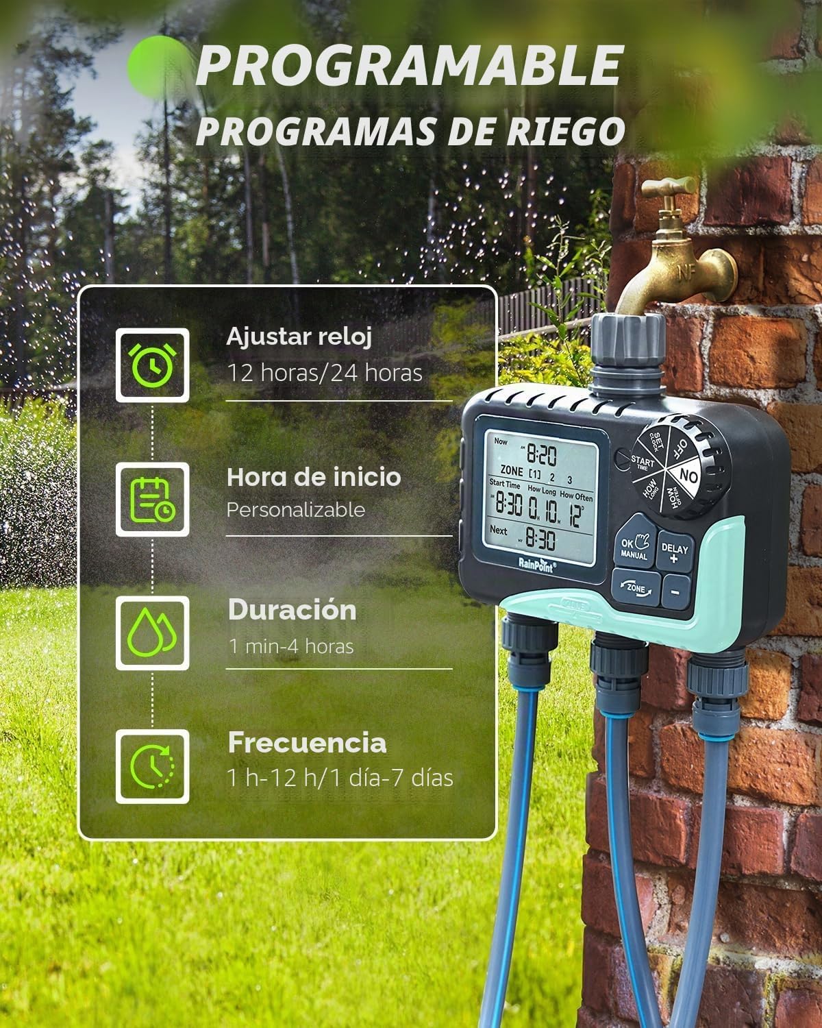 Detalle de RAINPOINT Programador de riego con 3 salidas y pantalla LCD grande (temporizador automático con retardo por lluvia)