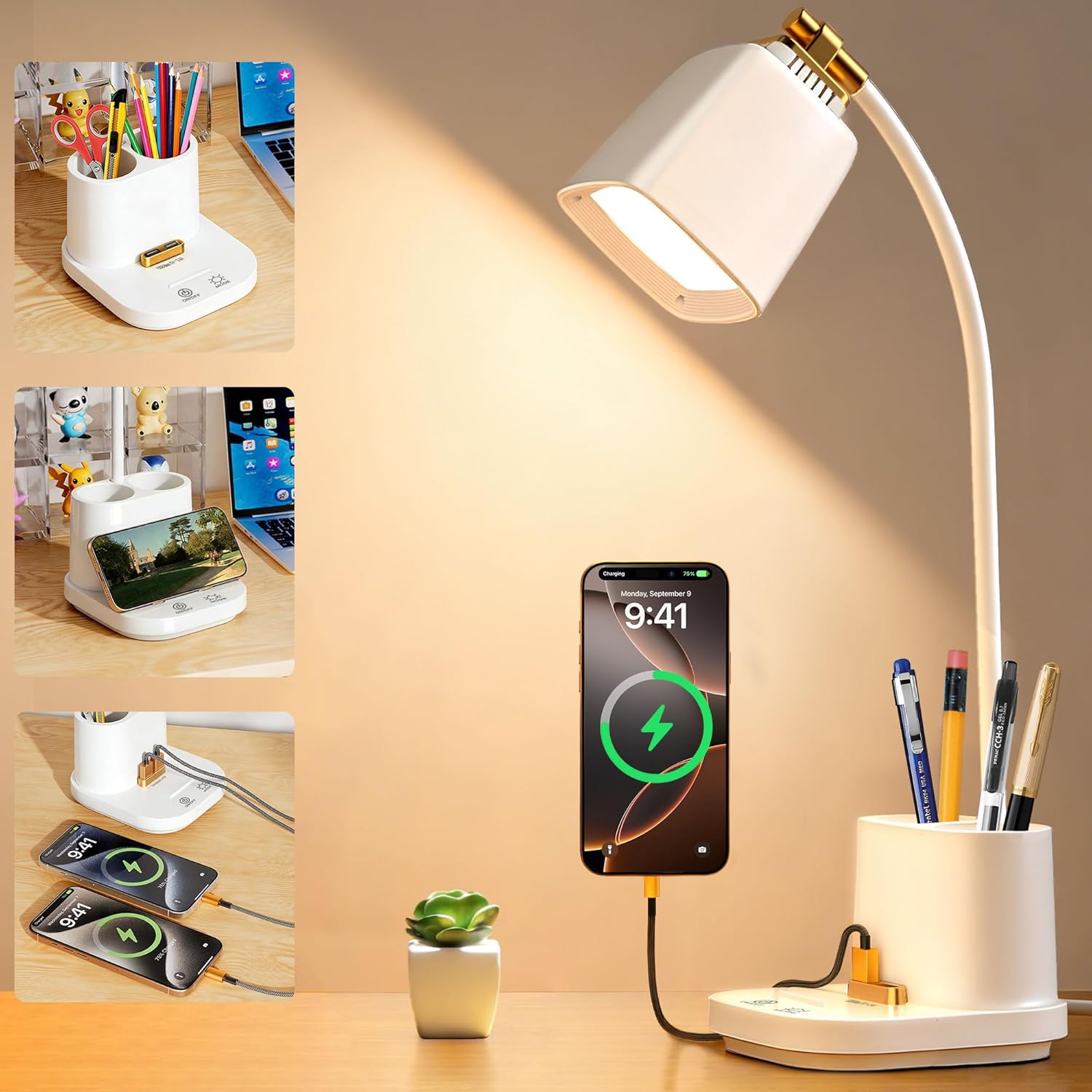 Detalle de Hifireelf LED Desk Lamp with Gooseneck, USB Ports and Pen Holders