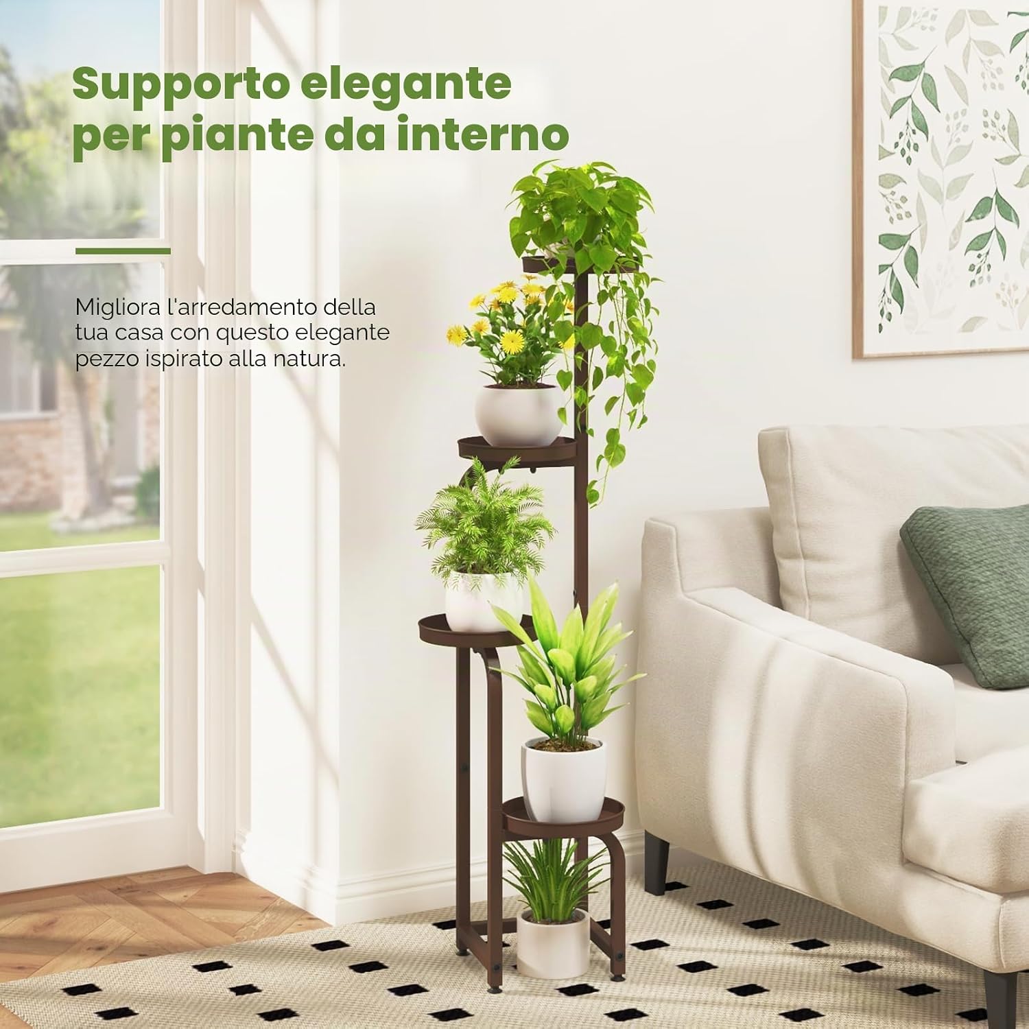 Detalle de Bamworld Porta Piante da Esterno/Interno: supporto a spirale in ferro, 4 livelli, Marrone, 116,8 cm
