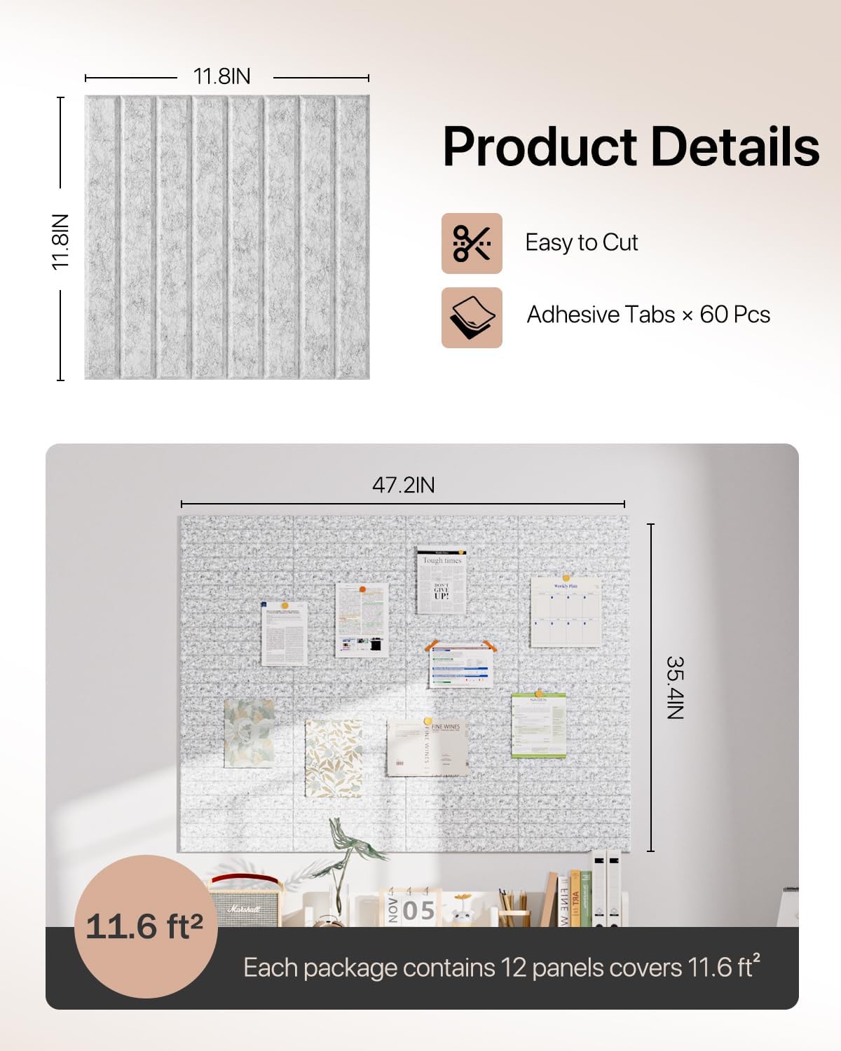 Detalle 2 de Soundsbay Large Cork Board Tiles (120x90cm) with 60 Self-Adhesive Stickers