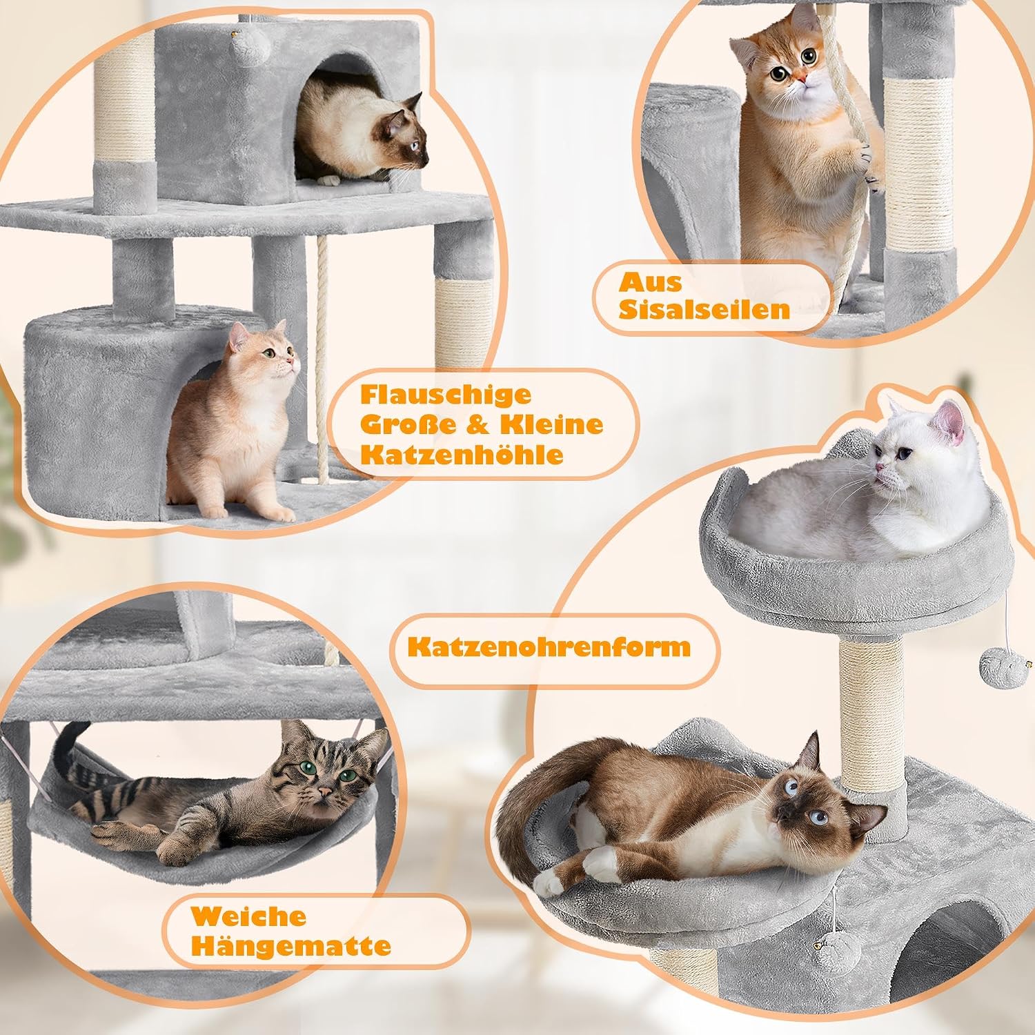 Detalle de Yaheetech 158 cm Kratzbaum für Katzen mit Hängematte, 5 Kratzsäulen & 2 Höhlen – FSC-zertifiziert, kippsicher