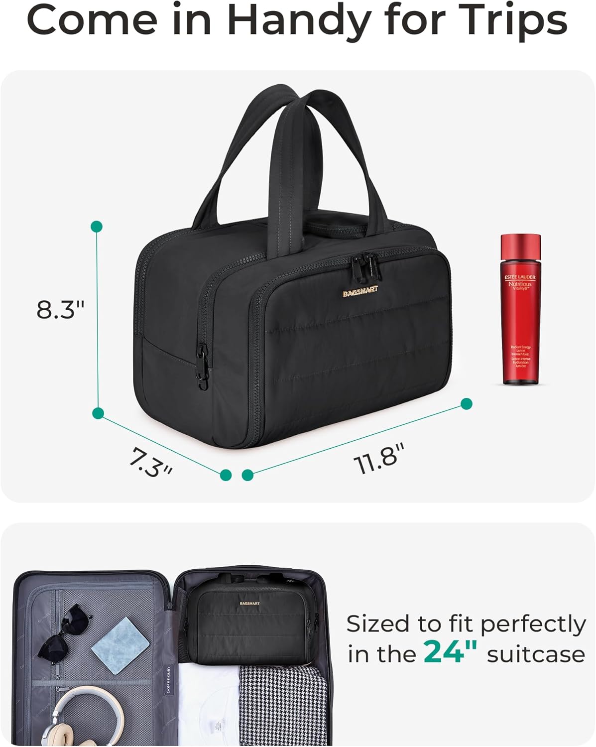 Detalle 2 de BAGSMART Large Toiletry Bag Travel Makeup Bag: 2 Full Upright Compartments with Wet & Brushes Pocket
