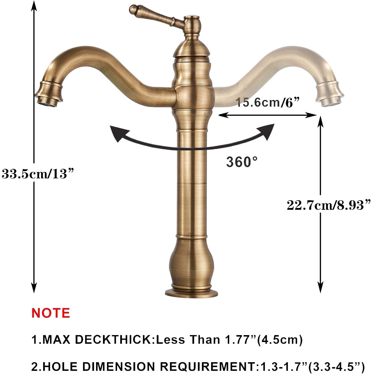 Detalle de Rozin Antique Brass Bathroom Sink Tap – Single Handle, 360° Rotable Spout, Deck Mounted Mixer