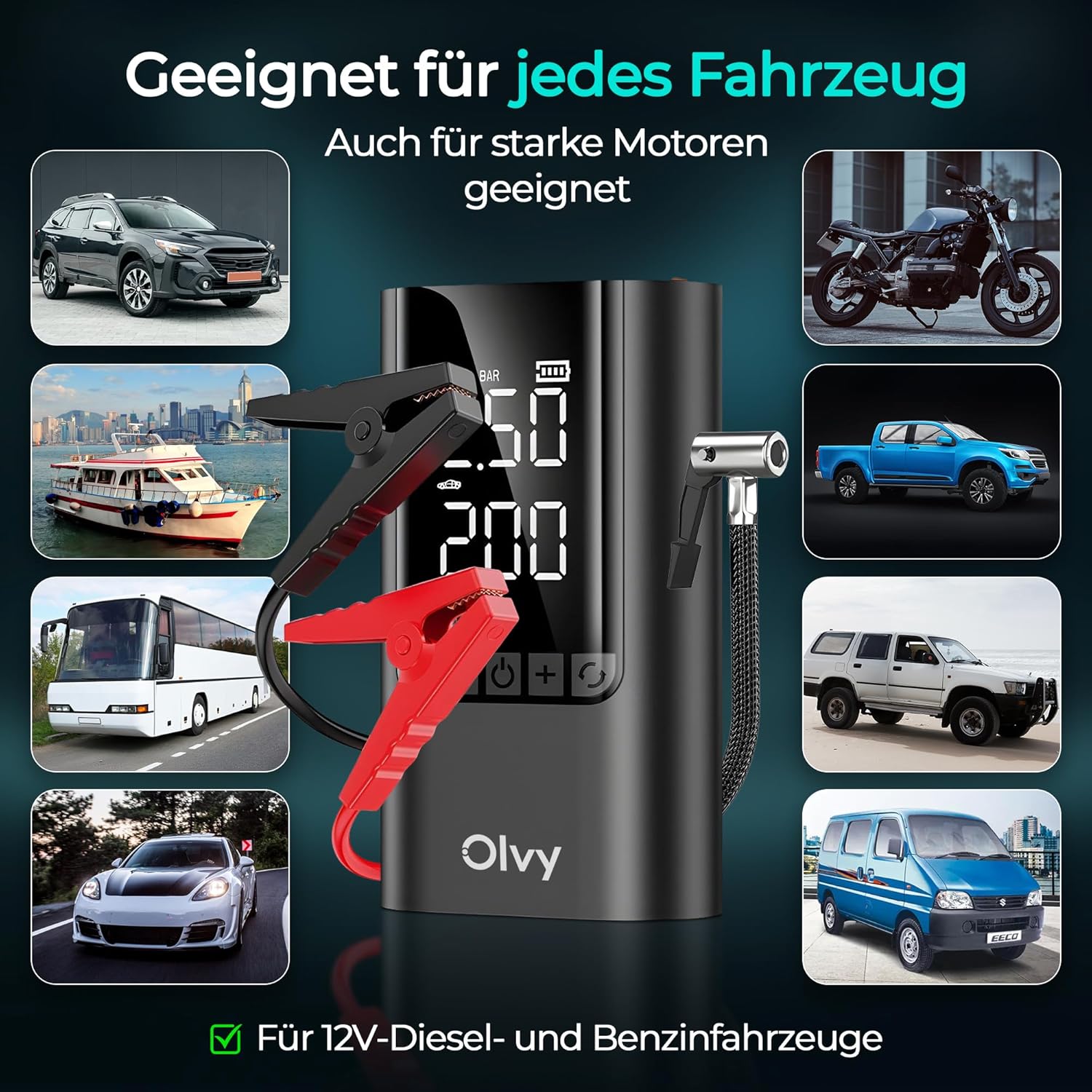 Detalle de Olvy 4-in-1 Tragbarer Starthilfe-Booster mit Luftkompressor – 1500 A Spitzenleistung, 12000 mAh Powerbank