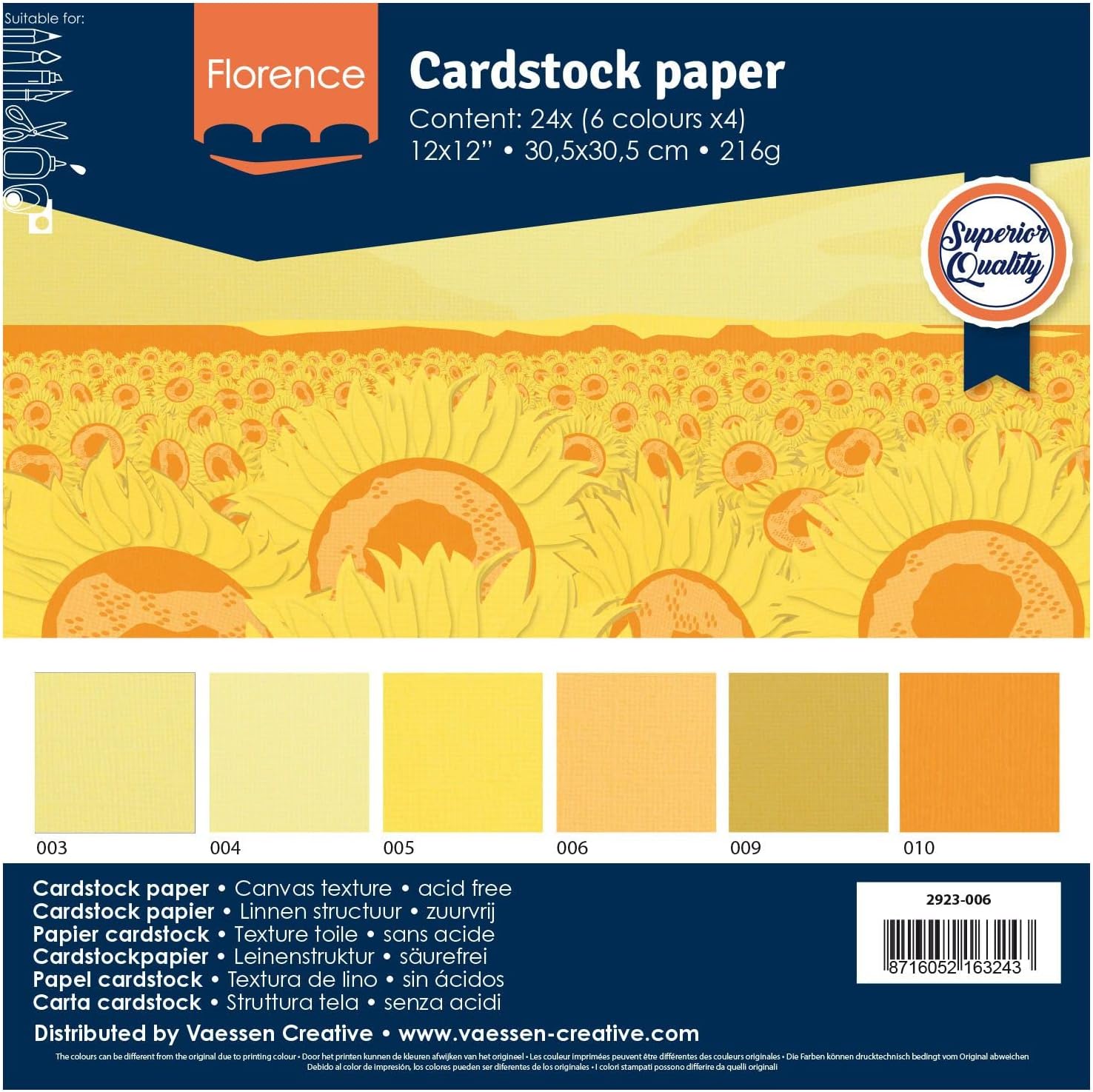 Detalle de Vaessen Creative Florence Papier Cartonné Jaune Rugueux – 30,5 x 30,5 cm, 24 feuilles (216 g/m²)