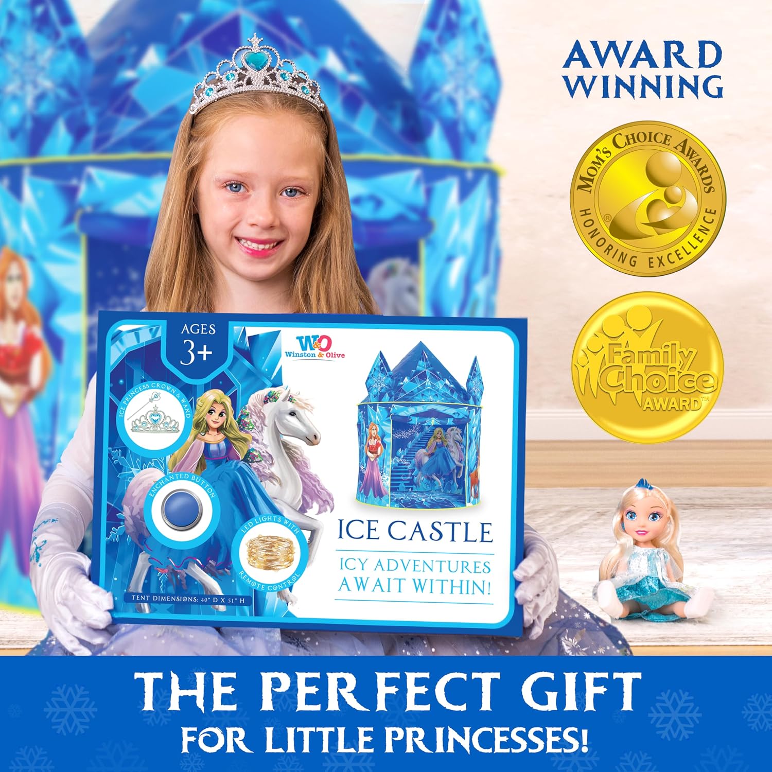 Thumbnail 6 de W&O Frozen Princess Tent for Girls (Ages 3-7) with Magical Sound Button, LED Lights, Crown & Wand