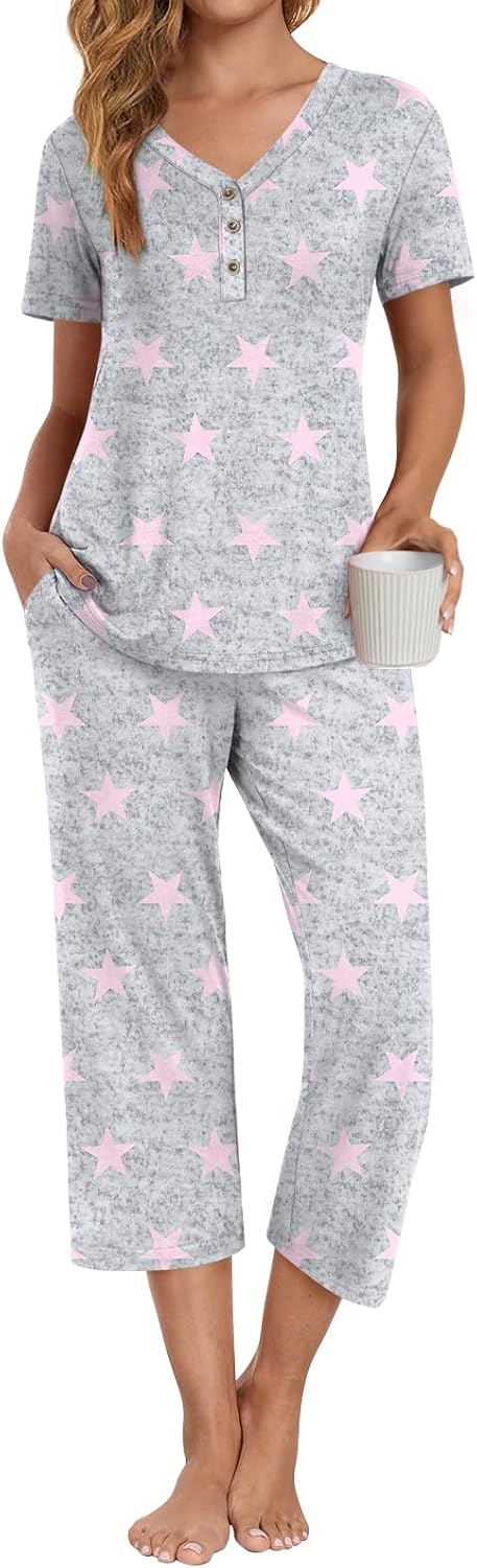 Detalle de Anyally Women's Pajama Set: Summer 2-Piece Short Sleeve Top + Capri Pants with Pockets