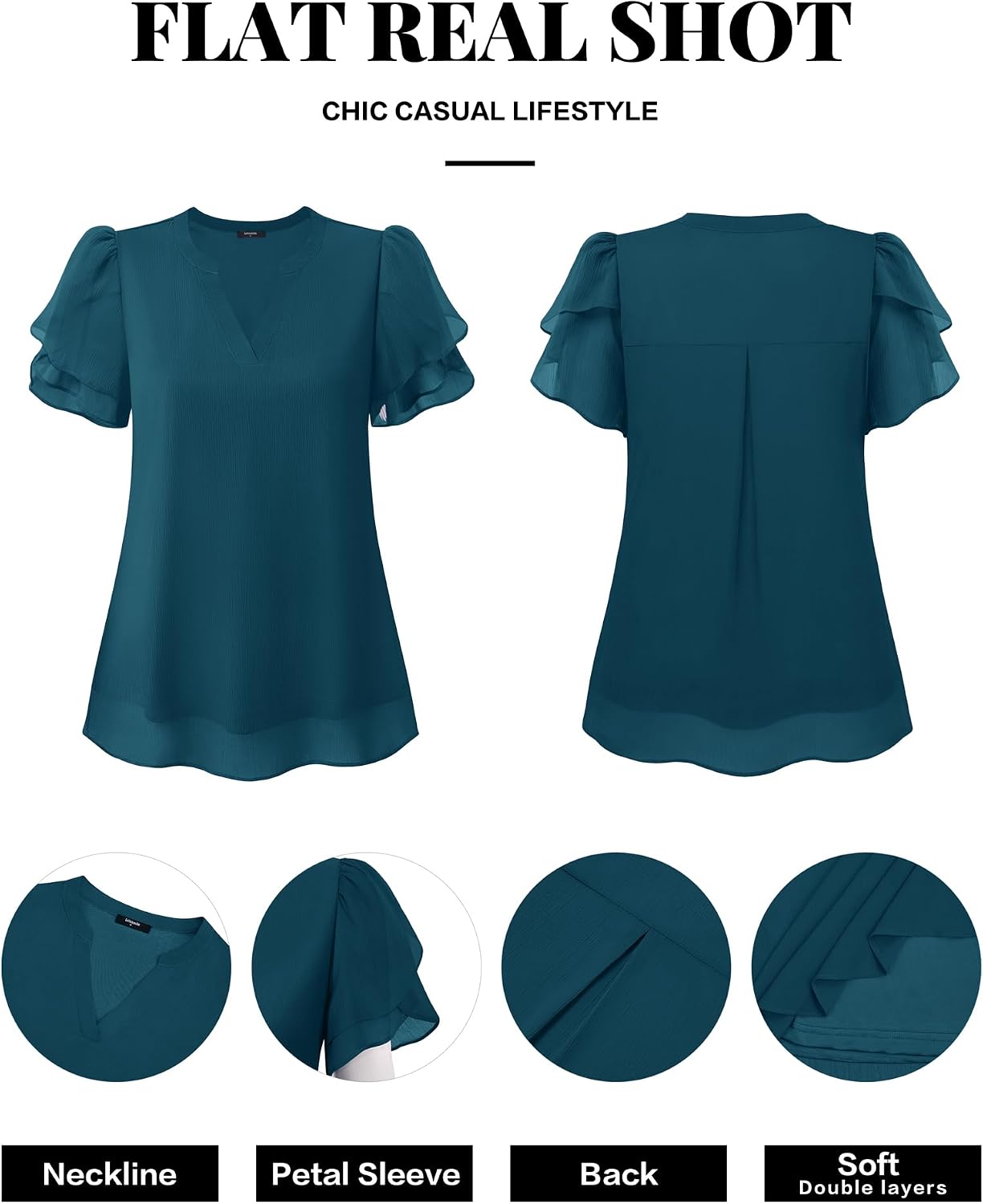 Thumbnail 6 de Lotusmile Womens Dressy Chiffon Blouses: Summer Puff Petal Short Sleeve V-Neck Top