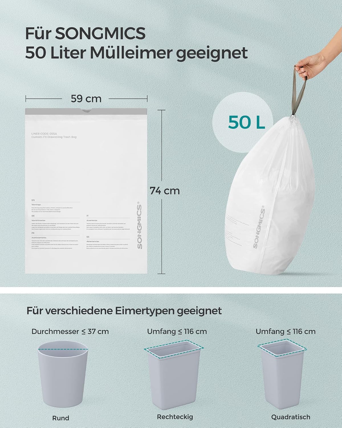 Thumbnail 5 de SONGMICS Müllbeutel mit Zugband für 50 Liter, hochbelastbar, weiß – 3 Rollen (120 Stück) KRB050A03