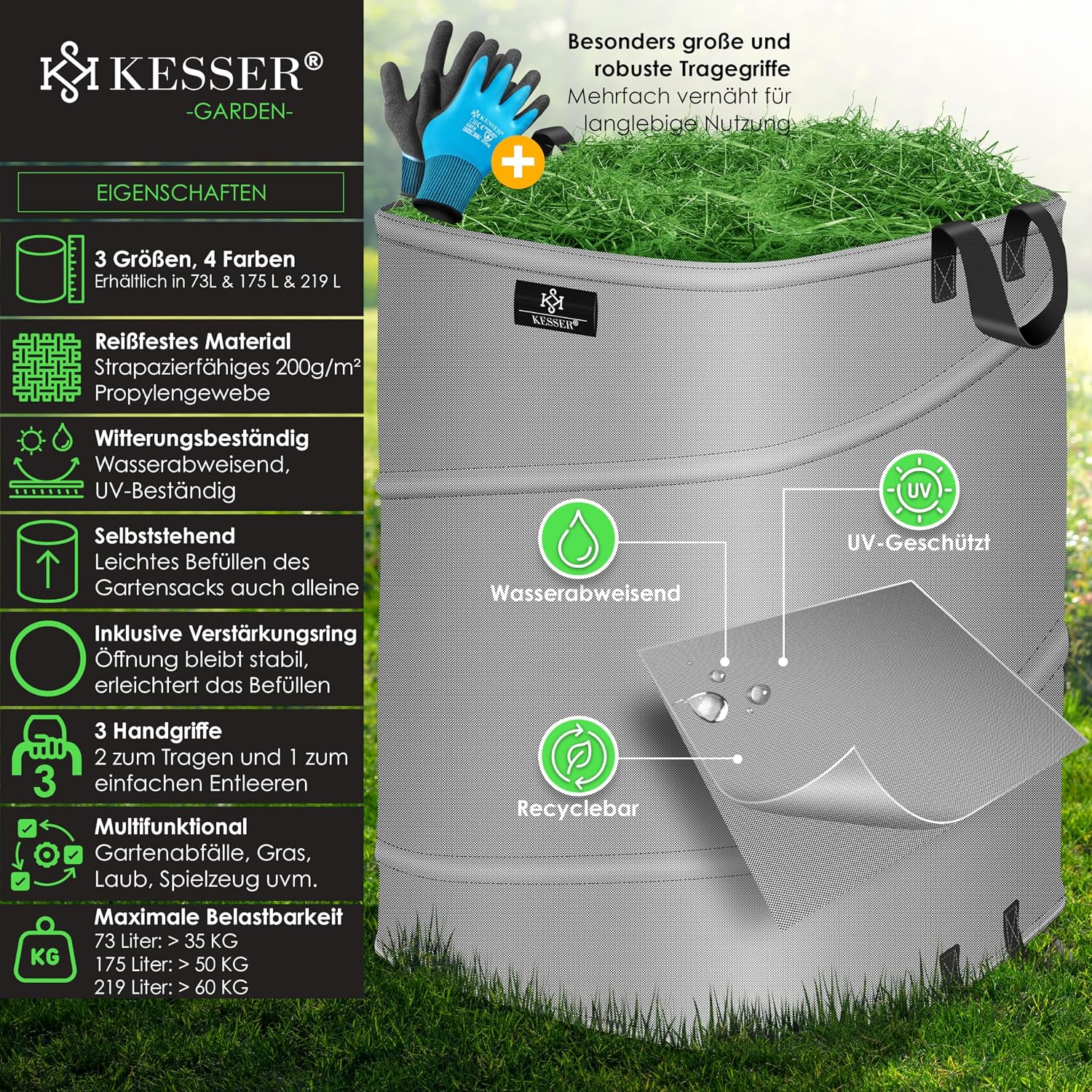 Detalle de KESSER Pop-Up-Gartensack 73L Laubsack – Selbststehend mit Griffe, inkl. Handschuhe