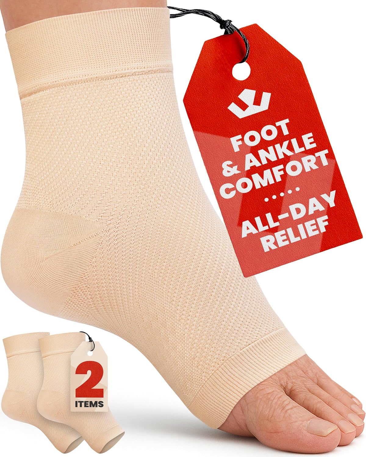 Detalle de KEMFORD Ankle Sleeve Compression Sleeves, 2XL Beige, Open Toe, 20–30 mmHg