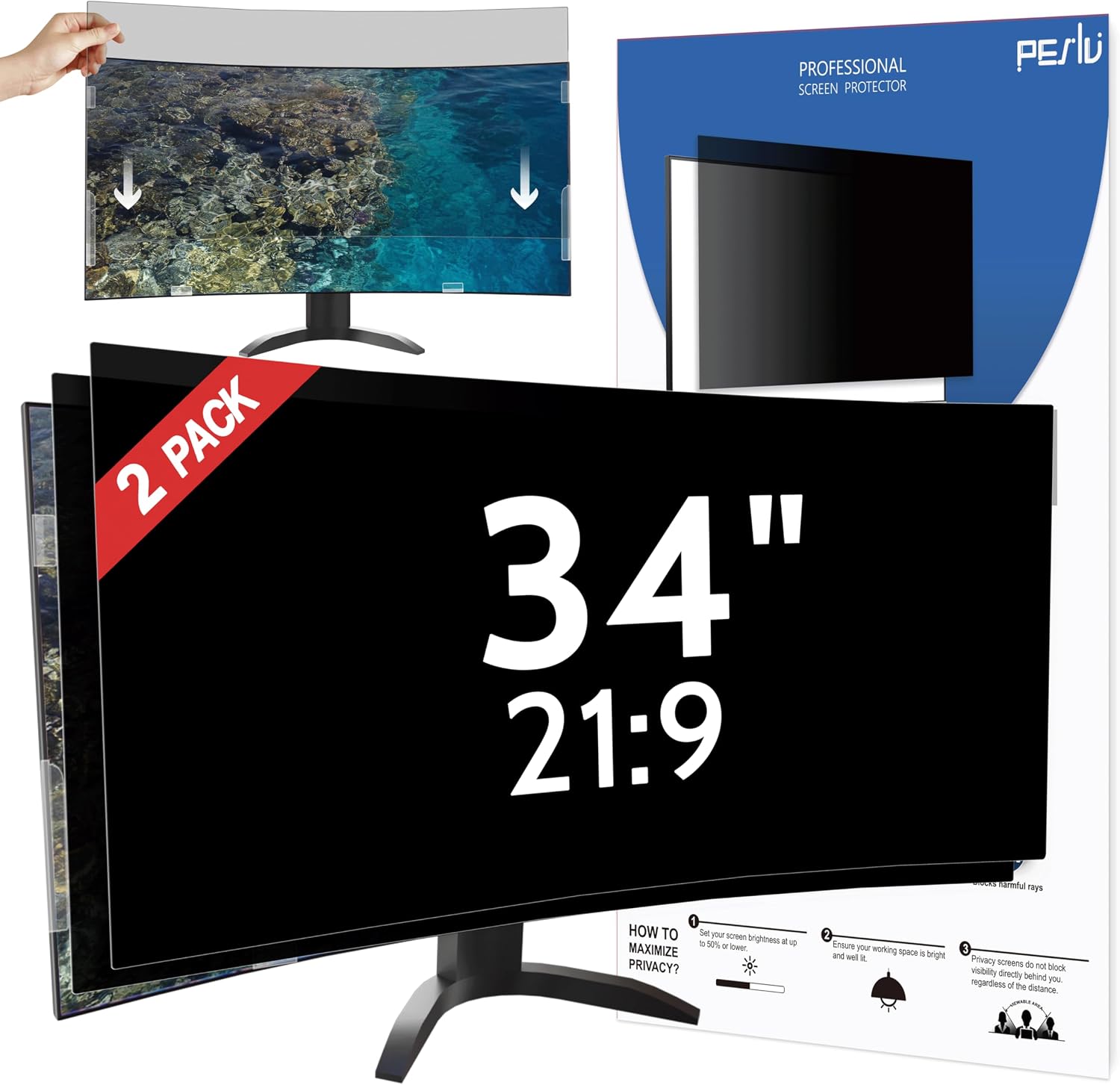 Detalle de Peslv 34 Inch Anti-Spy Privacy Screen, 21:9 Curved Monitor Filter, 2-Pack