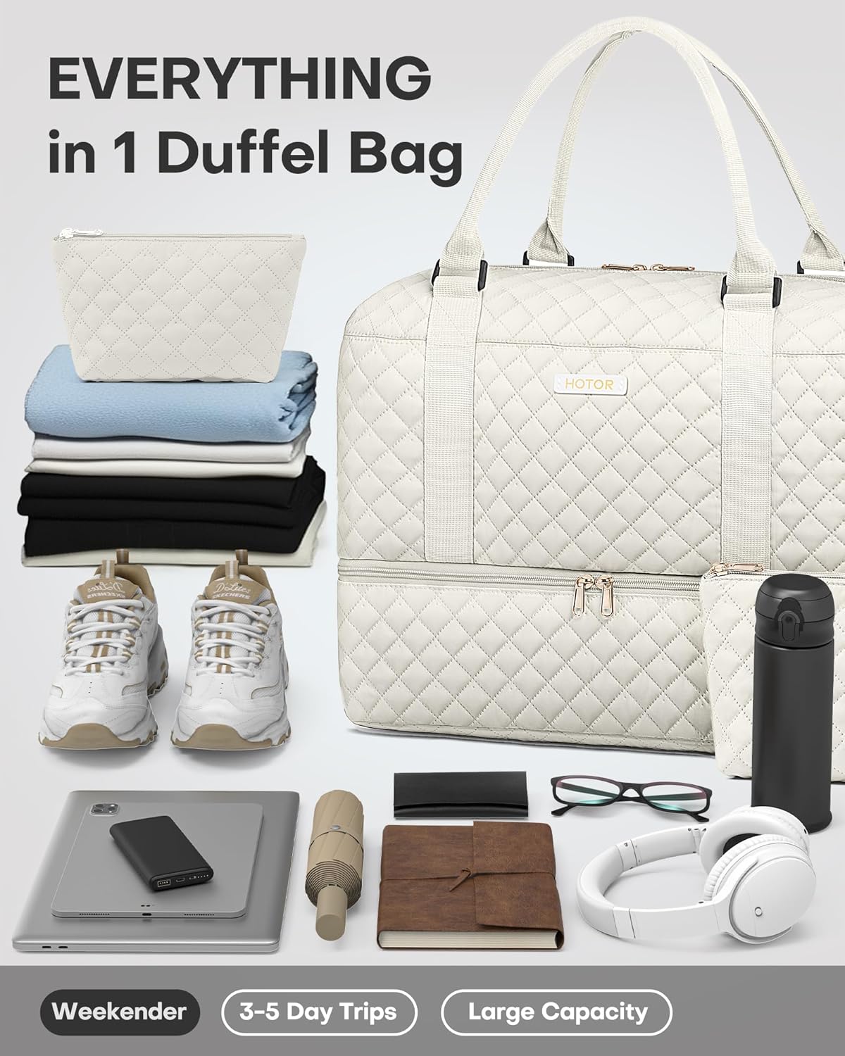 Detalle 2 de HOTOR women’s lightweight travel bag (beige) with shoe compartment and wash/toiletry bag, 34 x 45 x 20 cm