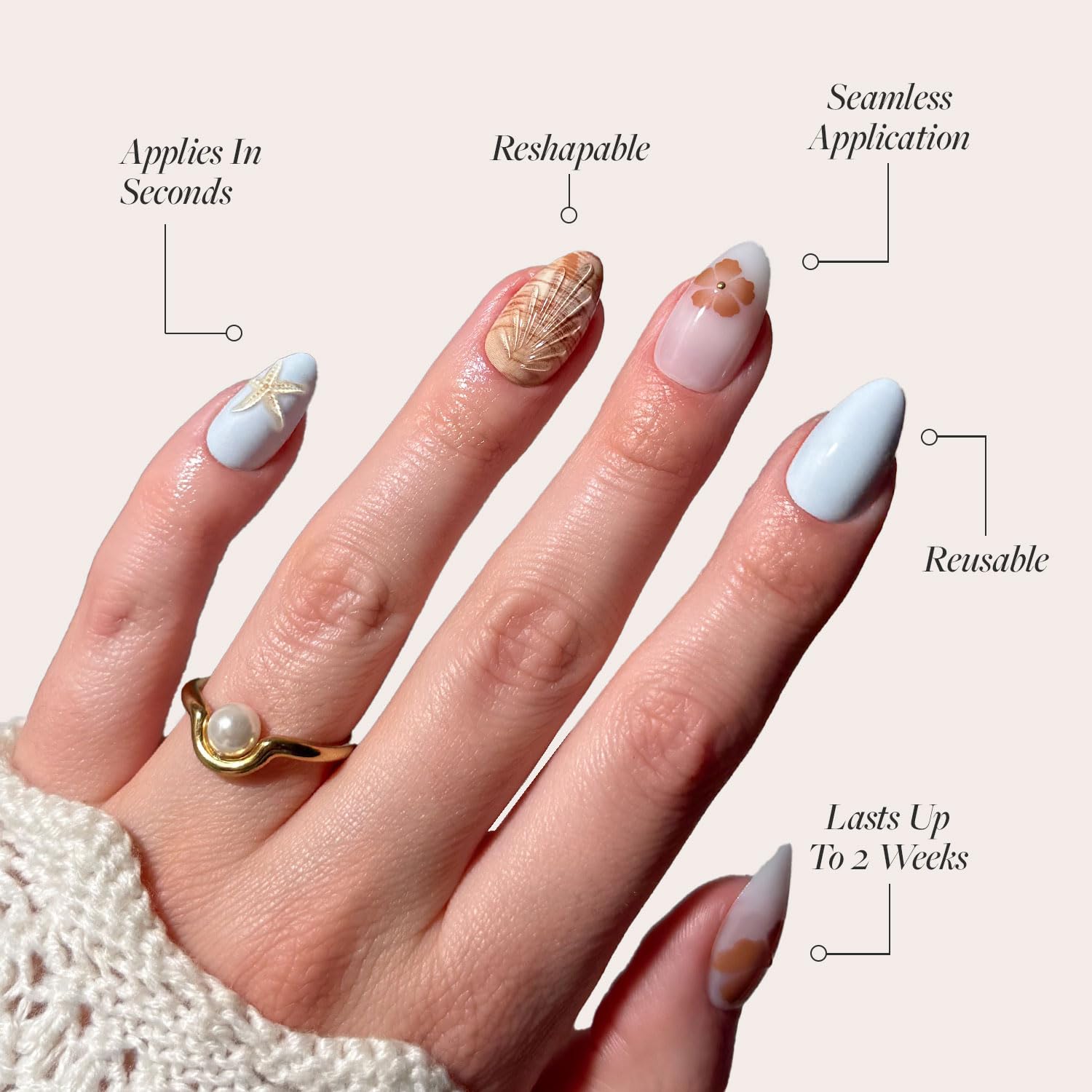 Thumbnail 2 de Glamnetic Sea Star Press On Nails – Short Almond Seashell Set