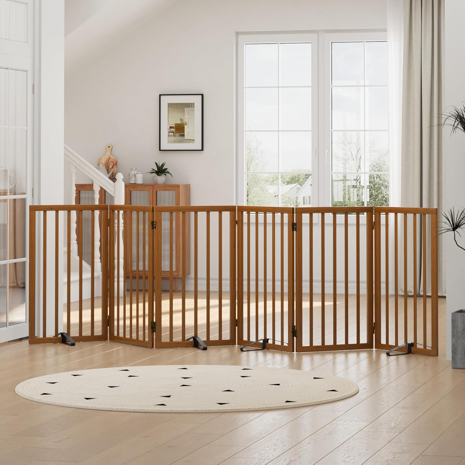 Algherohein großes faltbares Hundegitter für Türen & Innenbereich mit Metallstützfüßen (6 Paneele, Nussbaum)
