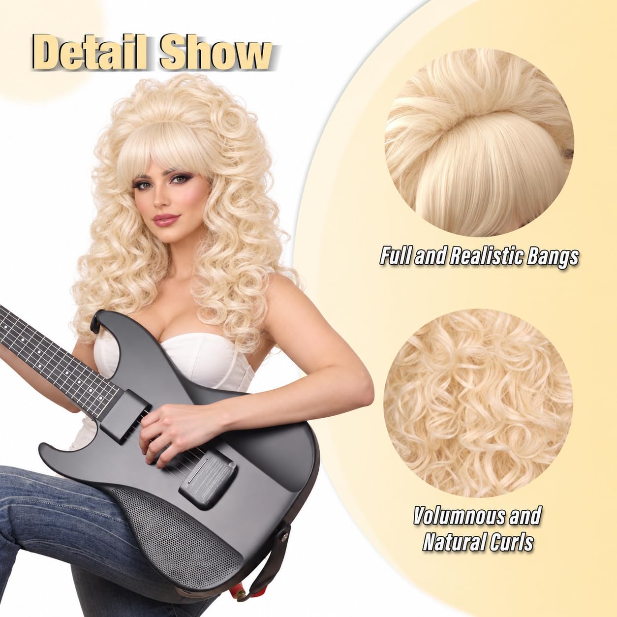 Detalle 1 de FantaLook Blonde Long Curly Wig with Bangs for Retro Costumes and Cosplay