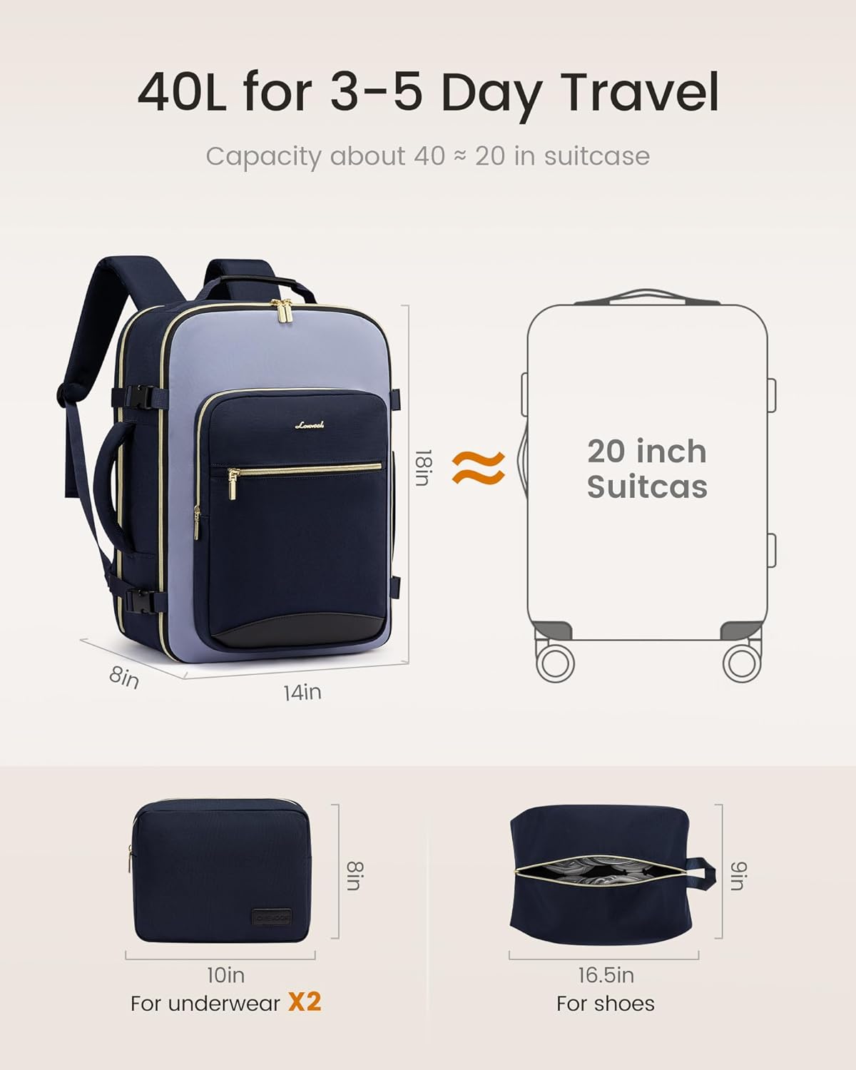 Thumbnail 3 de LOVEVOOK 40L Large Travel Backpack for Women — Airline-Approved Carry-On with 3 Packing Cubes