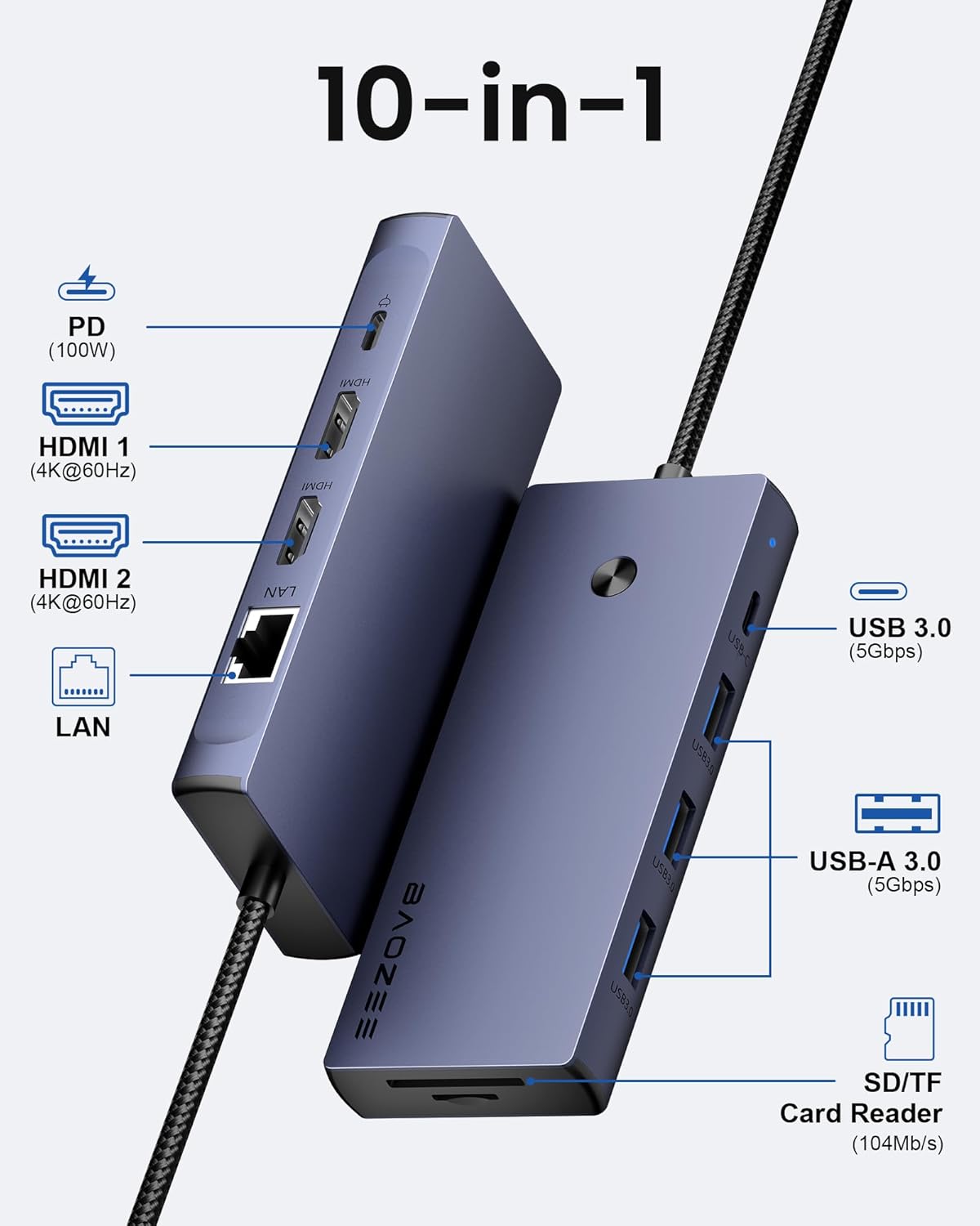 Detalle 2 de BAOZEE Laptop Docking Station Dual Monitor: 10-in-1 USB-C Hub with 2x 4K HDMI, 100W PD and Gigabit Ethernet