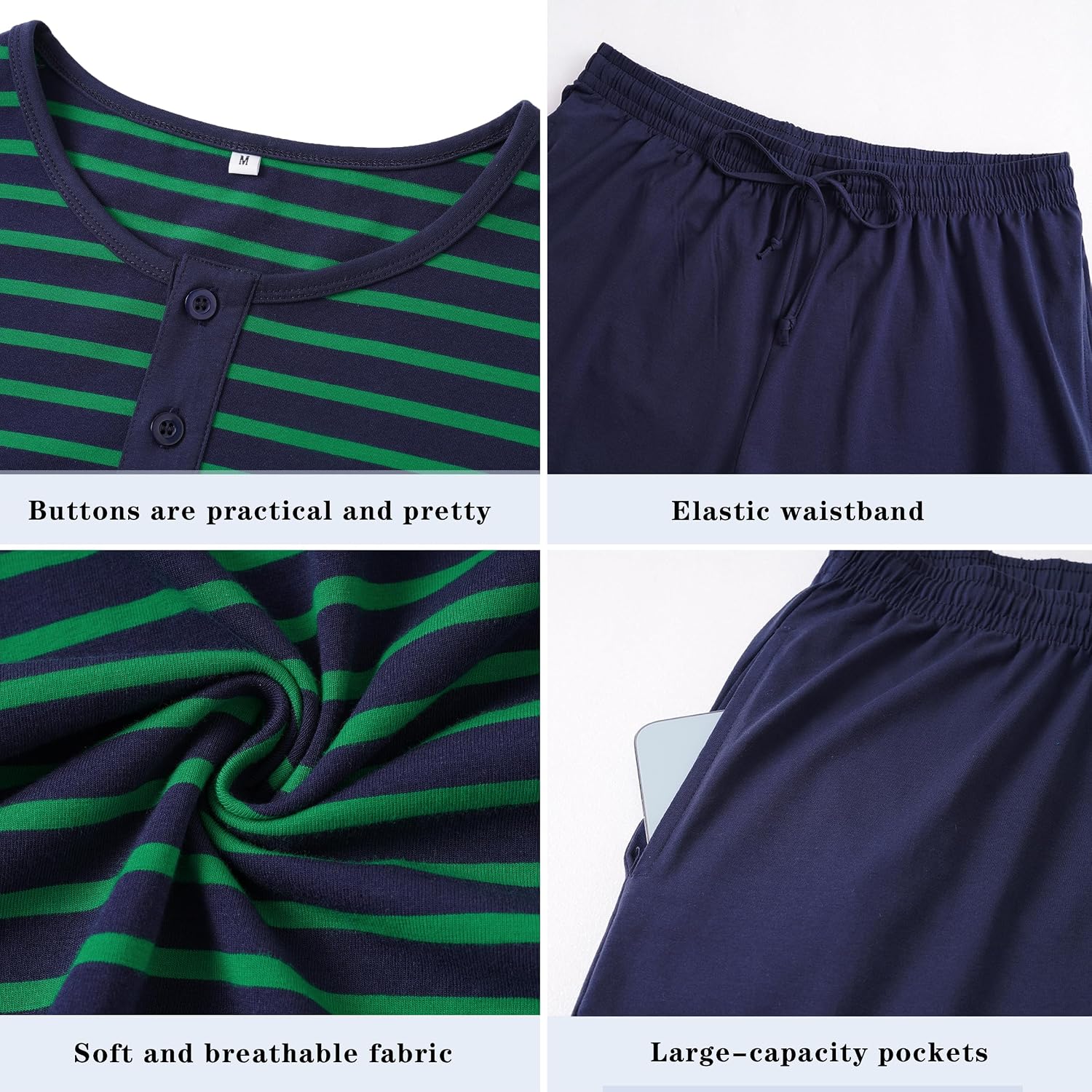 Detalle de Leversic Schlafanzug Herren Kurz aus Baumwolle – Kontraststreifen, Sommer-Set (Oberteil + kurze Hosen)