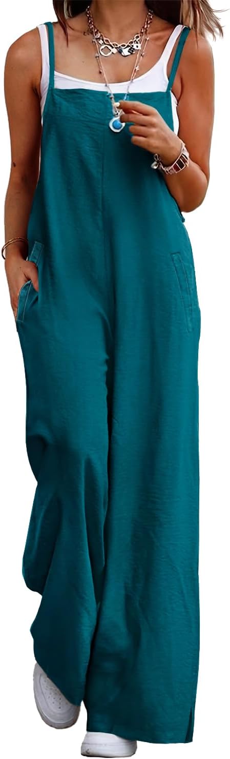 YESNO women’s cotton summer dungarees with adjustable spaghetti straps and pockets (wide-leg overalls)