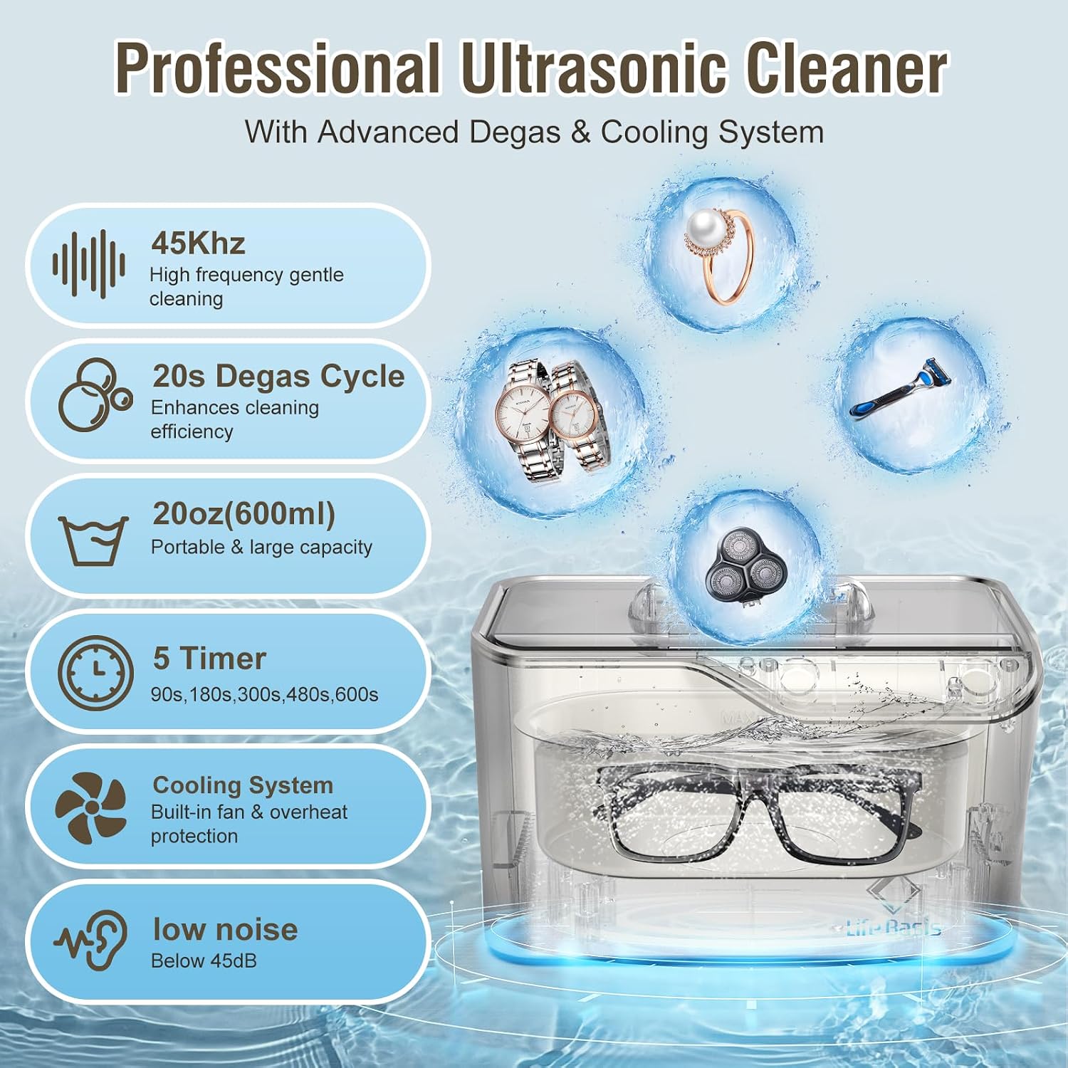 Thumbnail 1 de LifeBasis LSUC015 Ultrasonic Jewelry Cleaner, 600 mL, 45 kHz, Silver