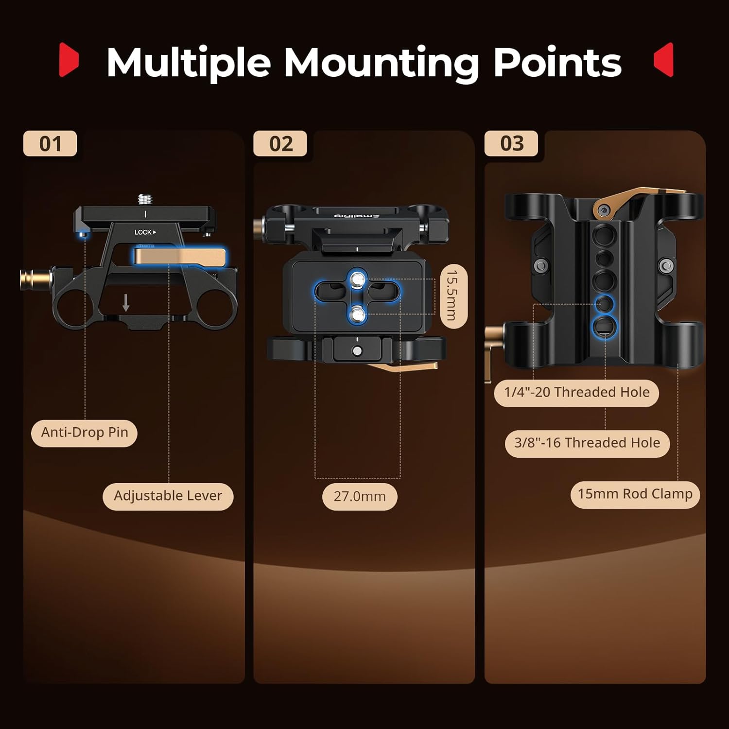 Thumbnail 4 de SMALLRIG 5365 – kit di piastre di montaggio universali con doppia morsa a barra da 15 mm e piastra Arca-Swiss a sgancio rapido