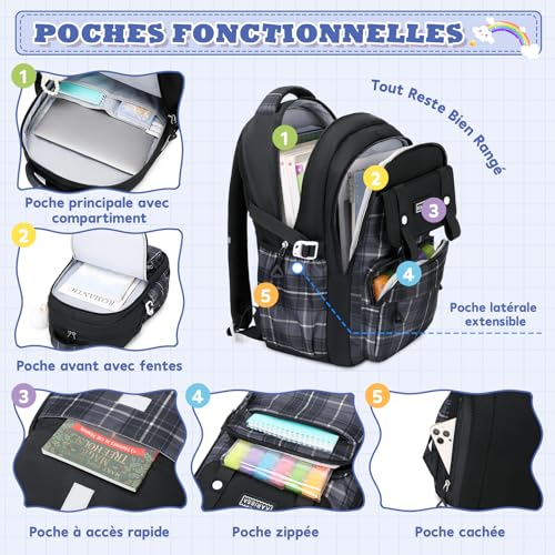 Detalle de Sisipoet Sac à Dos Fille Cartable Carreaux Imperméable – 21L, confort et polyvalence