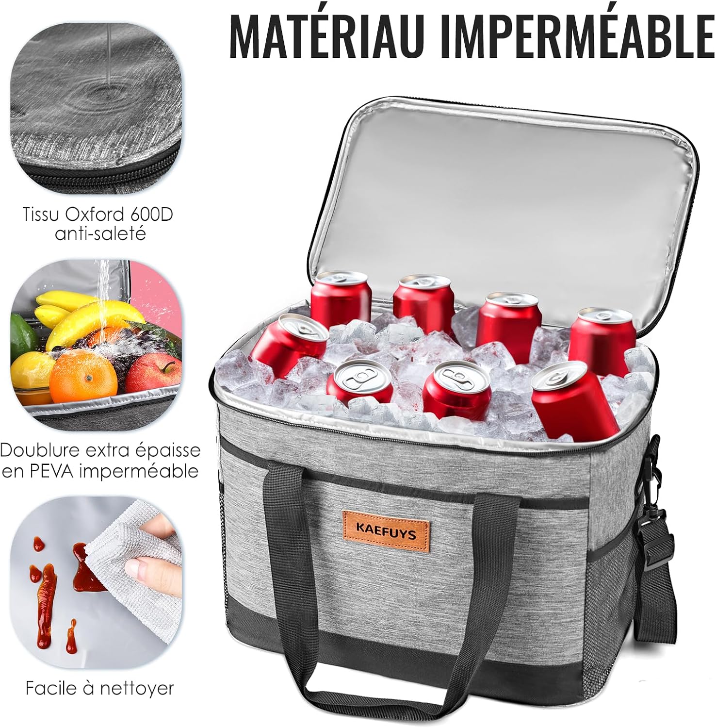 Detalle de KAEFUYS Grand Sac Isotherme Repas 33 L – Sac réfrigéré pratique et étanche pour pique-nique, camping et voyage