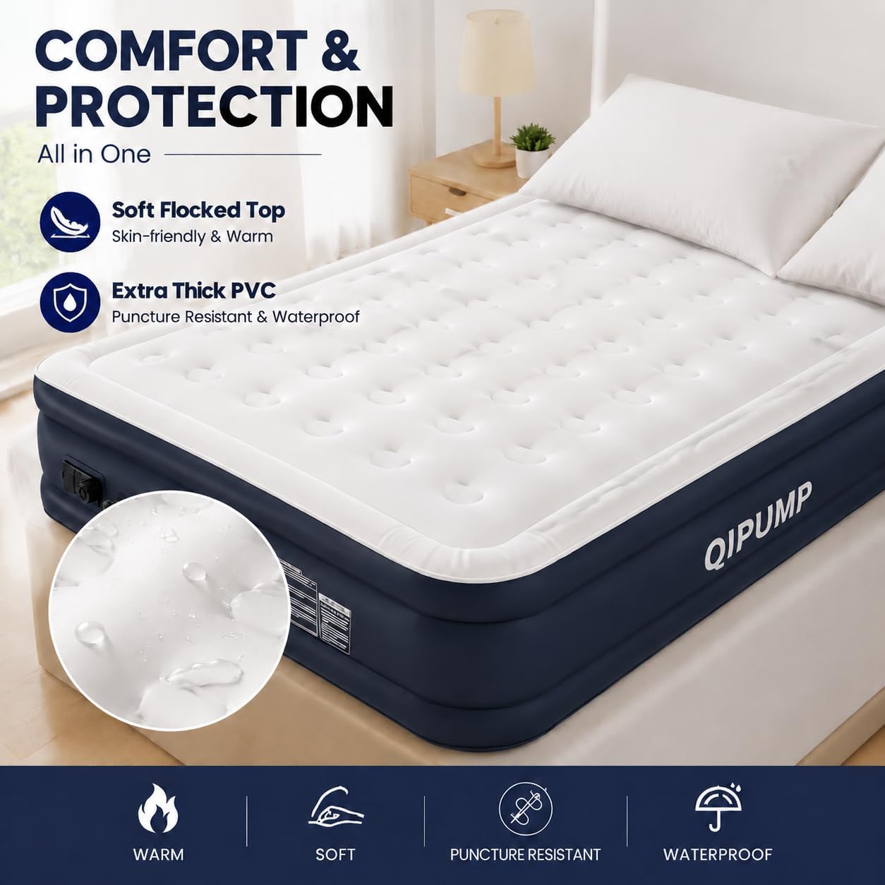 Detalle 1 de QIPUMP 801 Queen Air Mattress with Built-In Pump, 19-Inch Raised