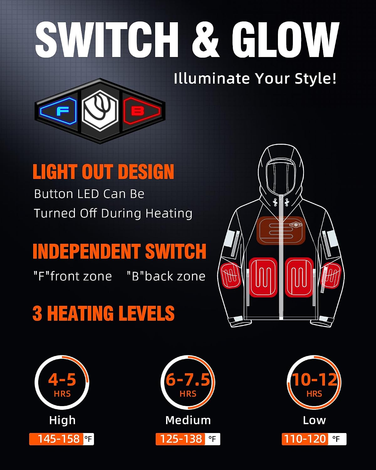 Detalle de WASOTO Men's Heated Jacket with 18,400mAh Battery Pack, Windproof Design and Foldable Hood