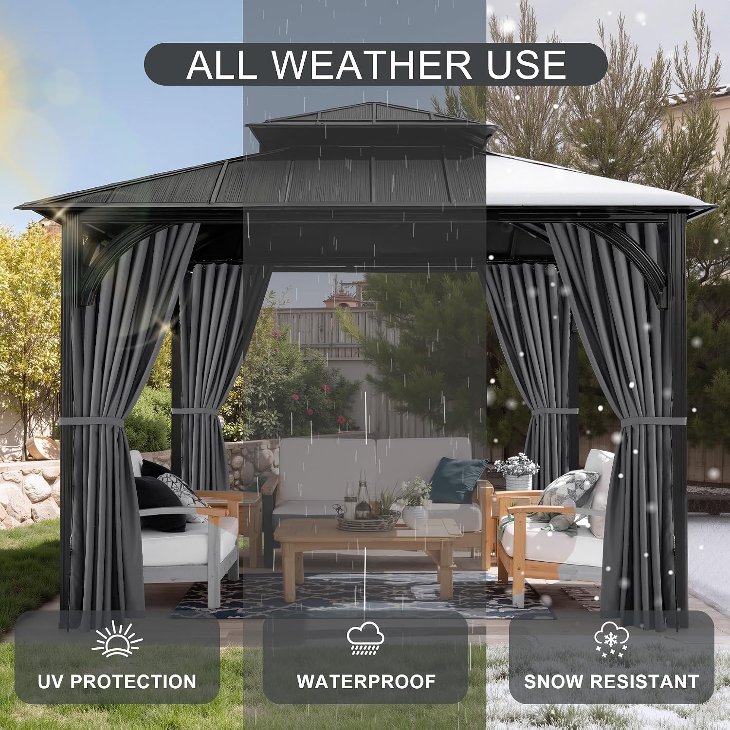 Thumbnail 4 de NICETOWN 10' x 12' Gazebo Curtains, 4 Zippered Waterproof Panels, Grey
