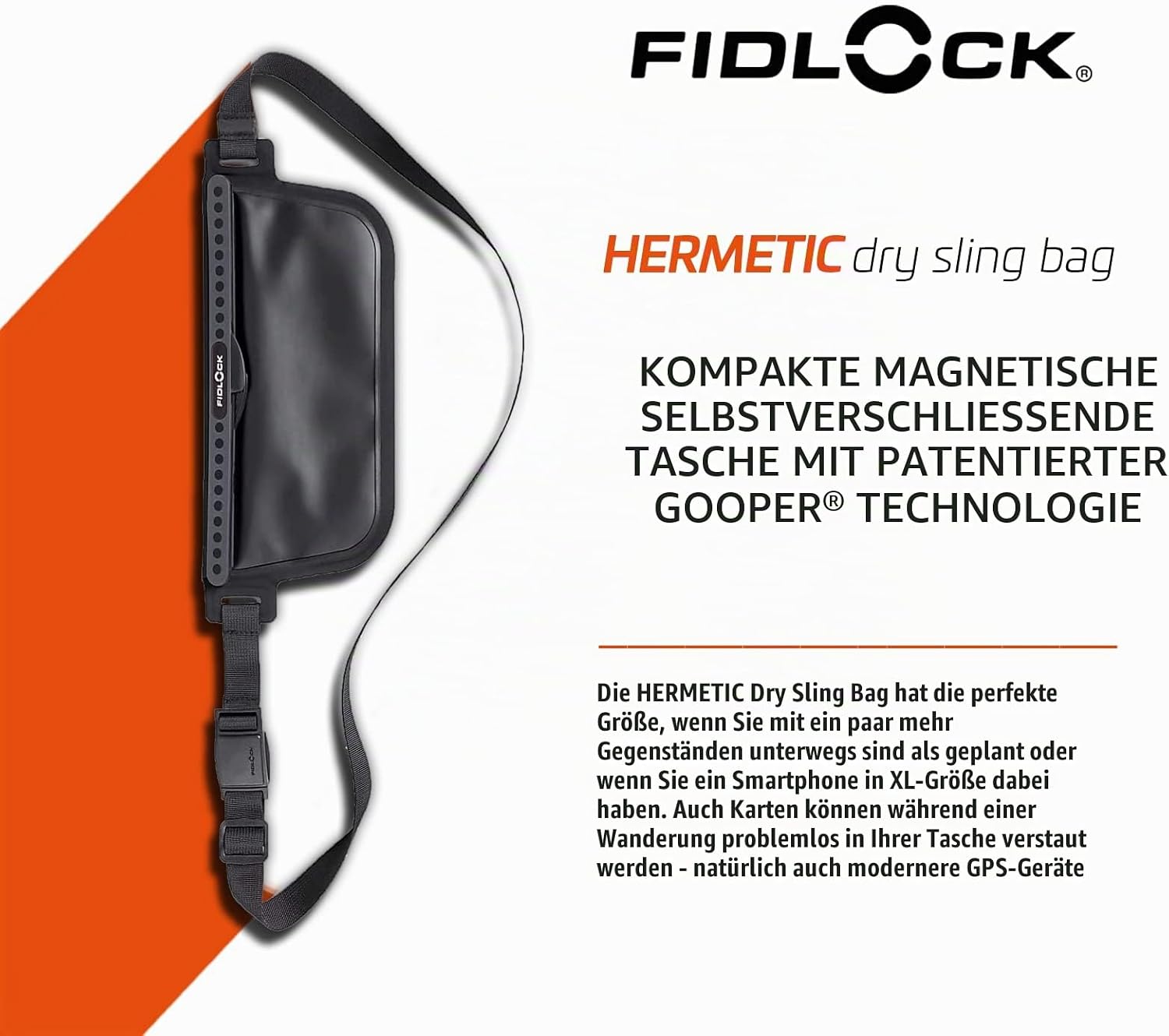 Detalle 2 de FIDLOCK Hermetic Sling Phone Dry Bag – wasserdichte Tasche für Smartphone mit magnetischem Selbstverschluss (Schwarz, Small/Medium)